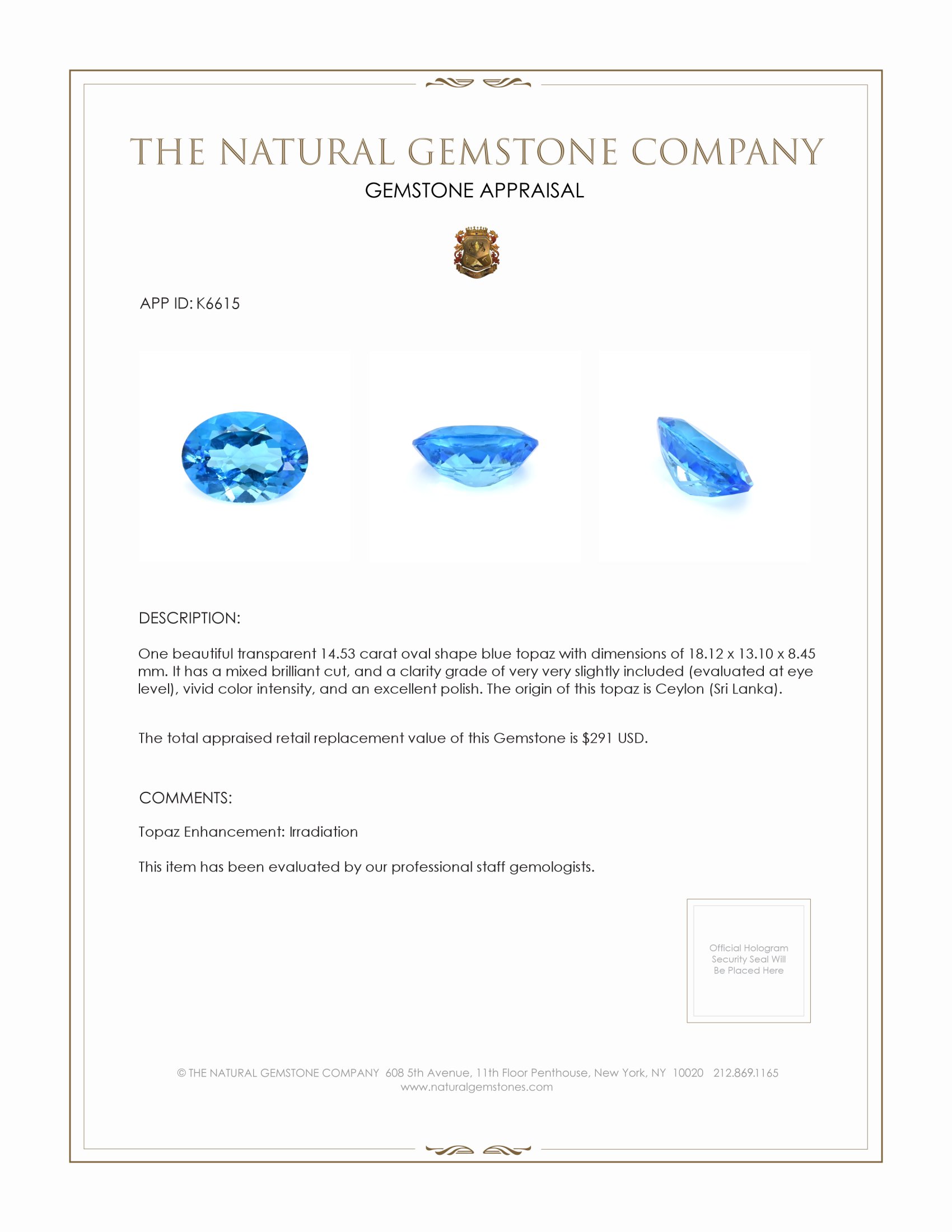 14.53 Ct. Swiss Blue Topaz from Ceylon (Sri Lanka)