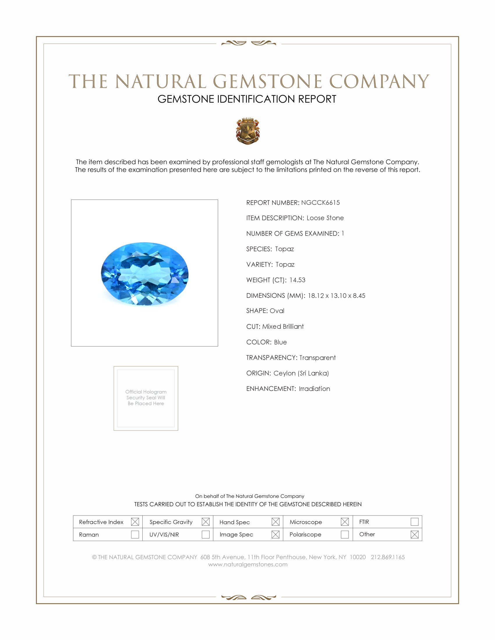 14.53 Ct. Swiss Blue Topaz from Ceylon (Sri Lanka)