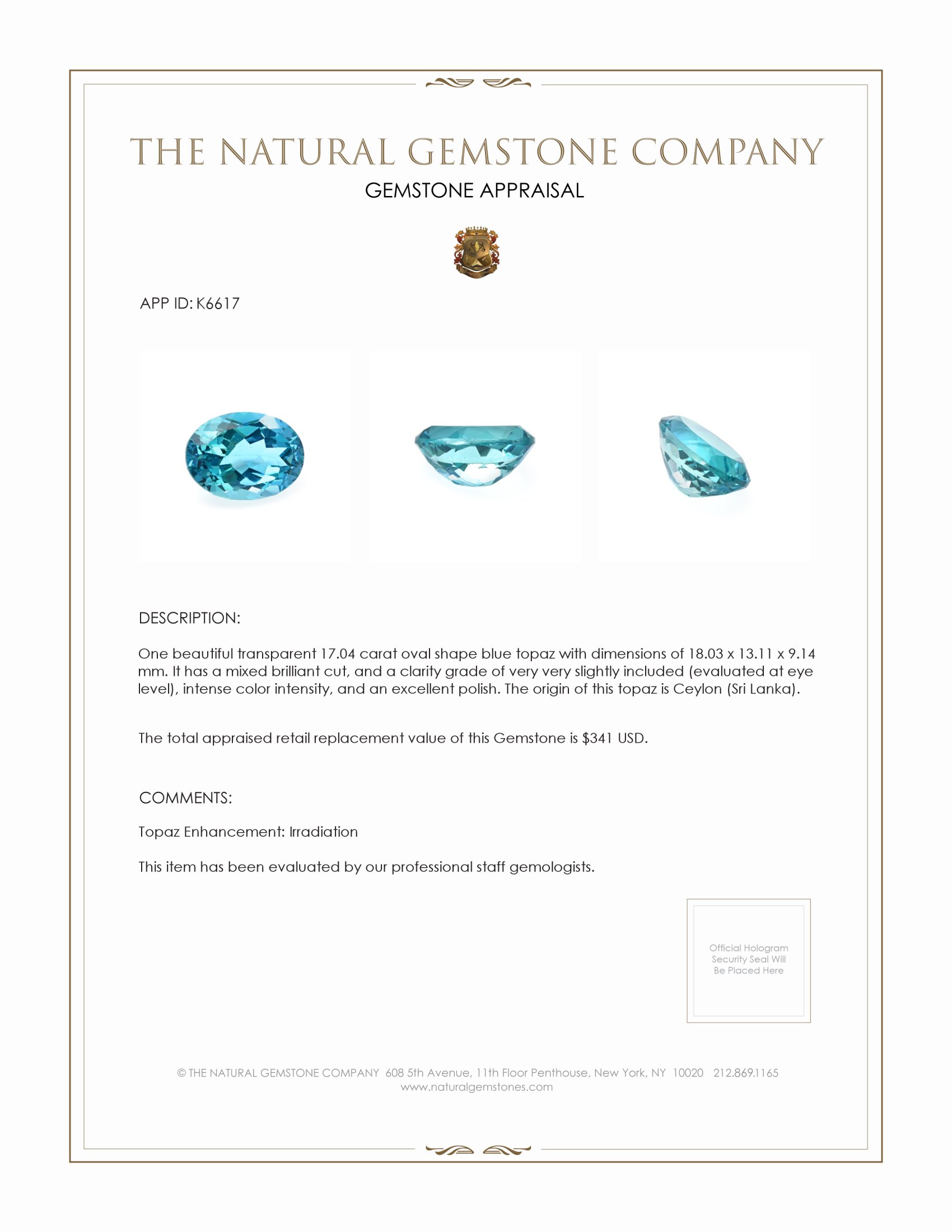17.04 Ct. Blue Topaz from Ceylon (Sri Lanka)