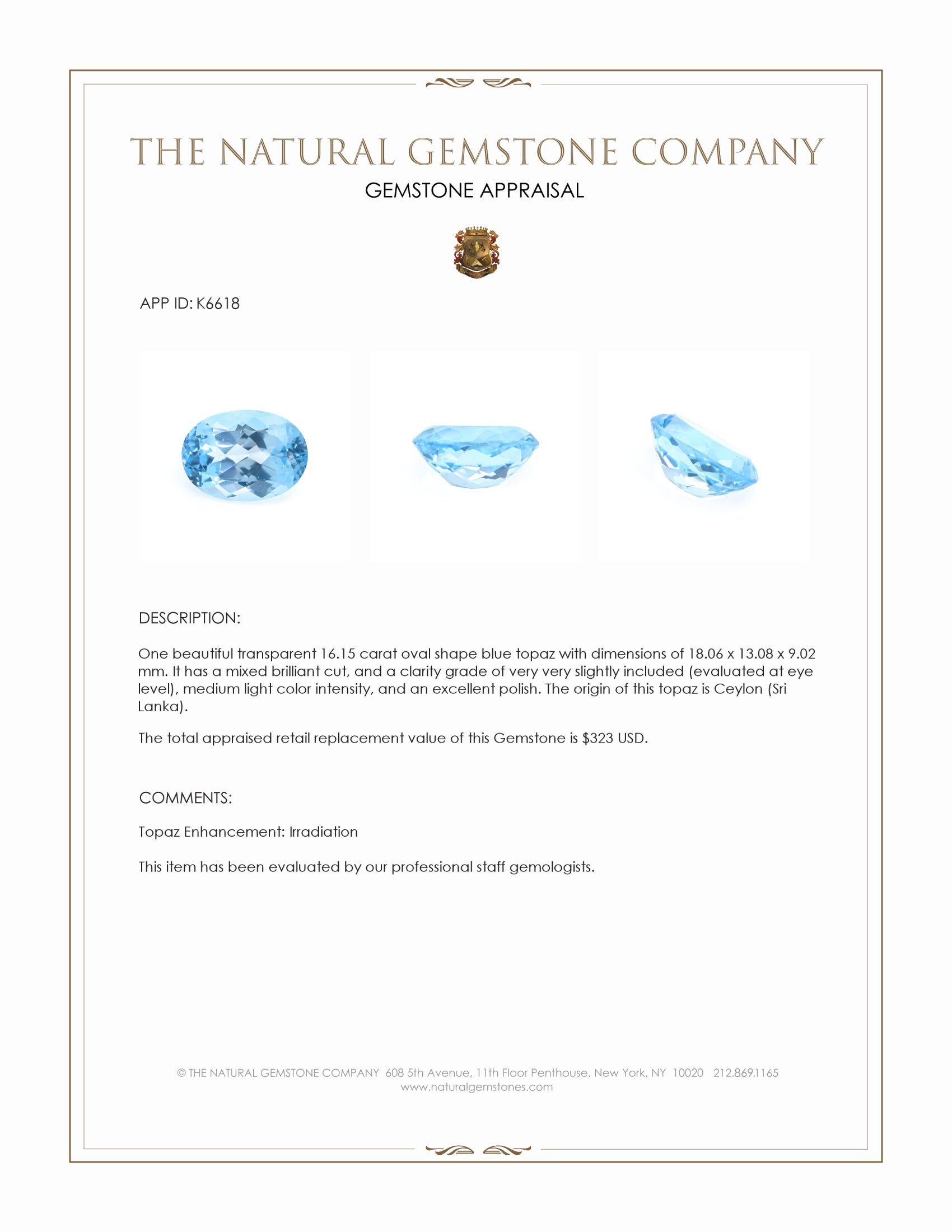 16.15 Ct. Blue Topaz from Ceylon (Sri Lanka)