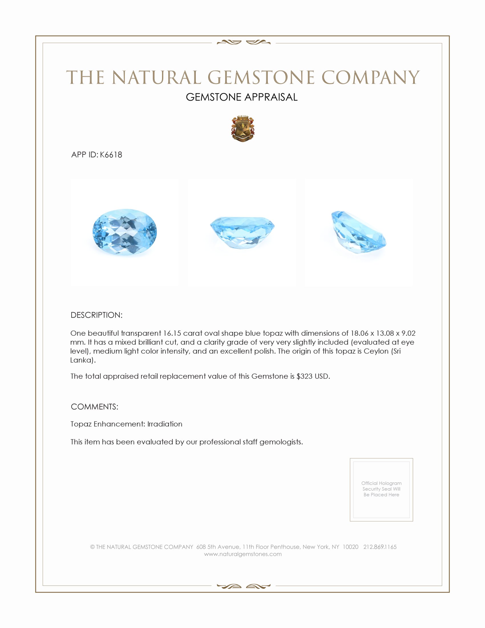 16.15 Ct. Topaz from Ceylon (Sri Lanka)