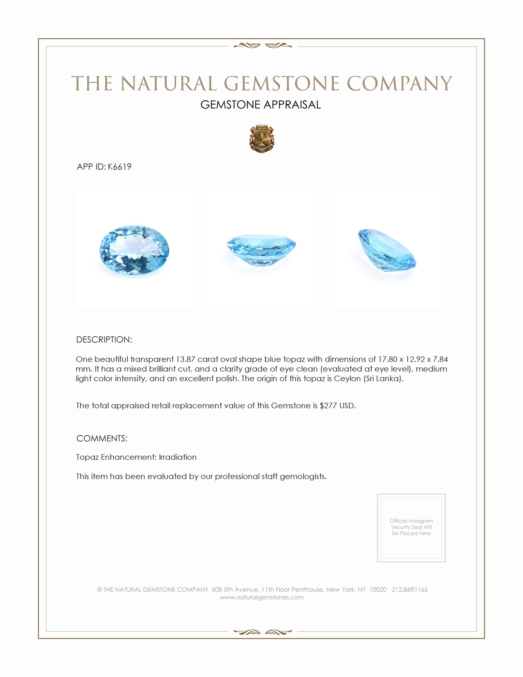 13.87 Ct. Blue Topaz from Ceylon (Sri Lanka)