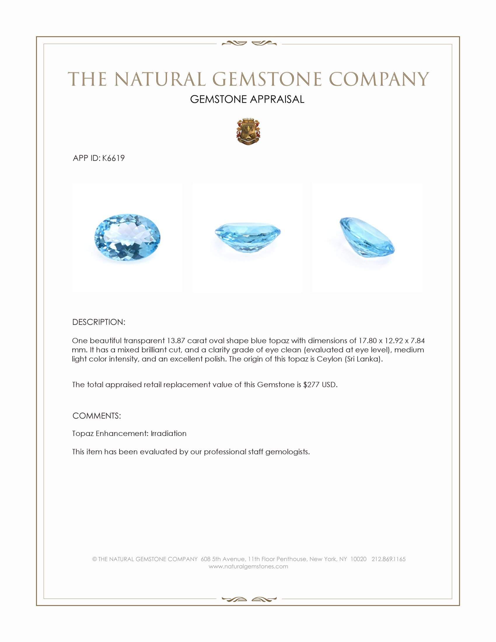 13.87 Ct. Topaz from Ceylon (Sri Lanka)