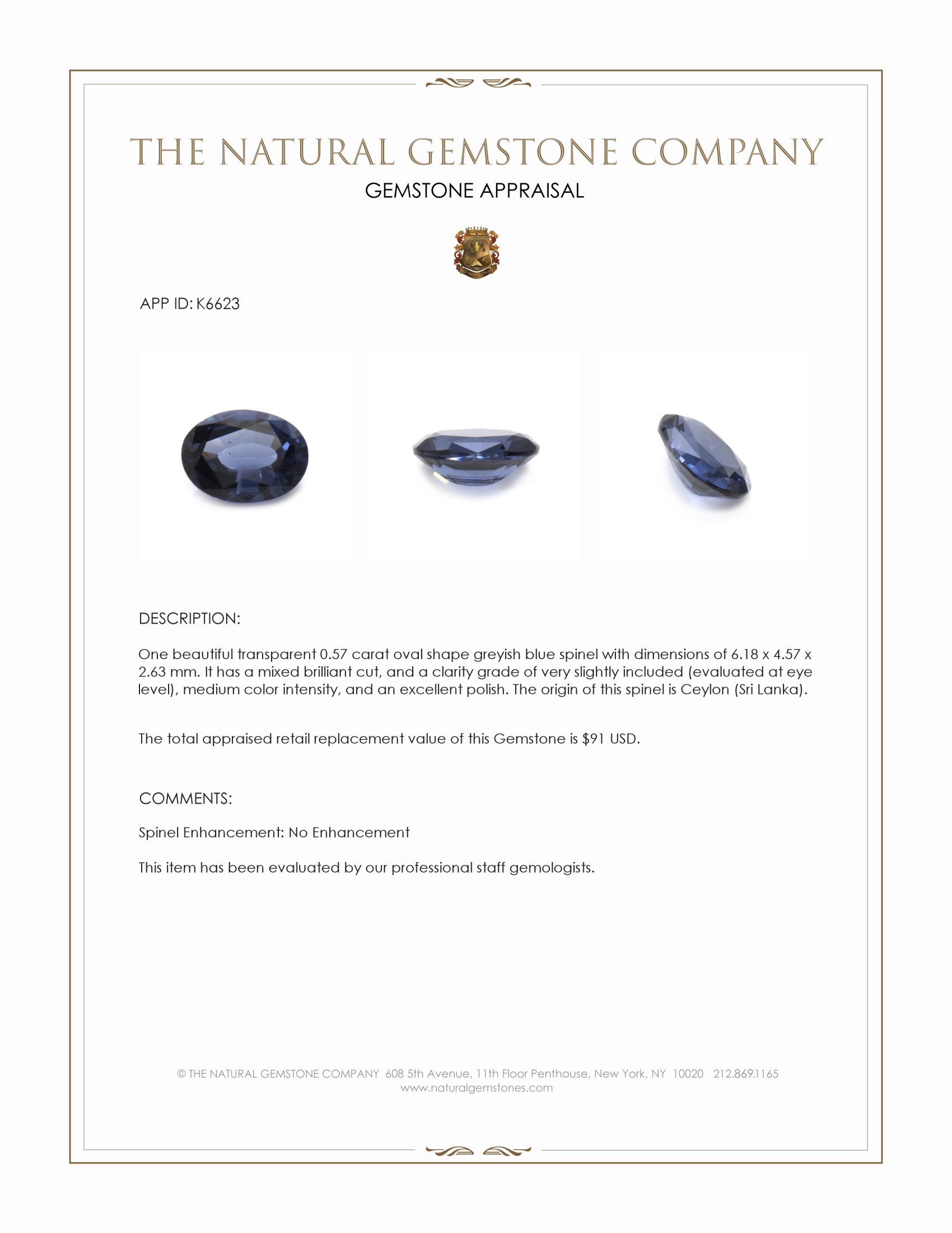 0.57 Ct. Greyish Blue Spinel from Ceylon (Sri Lanka)