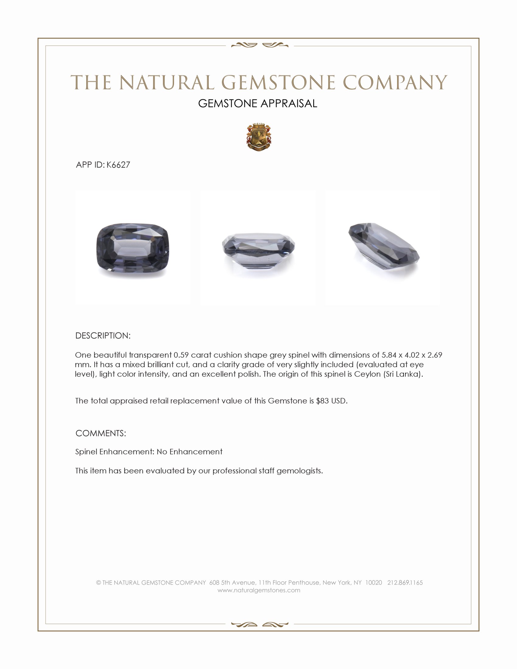 0.59 Ct. Grey Spinel from Ceylon (Sri Lanka)