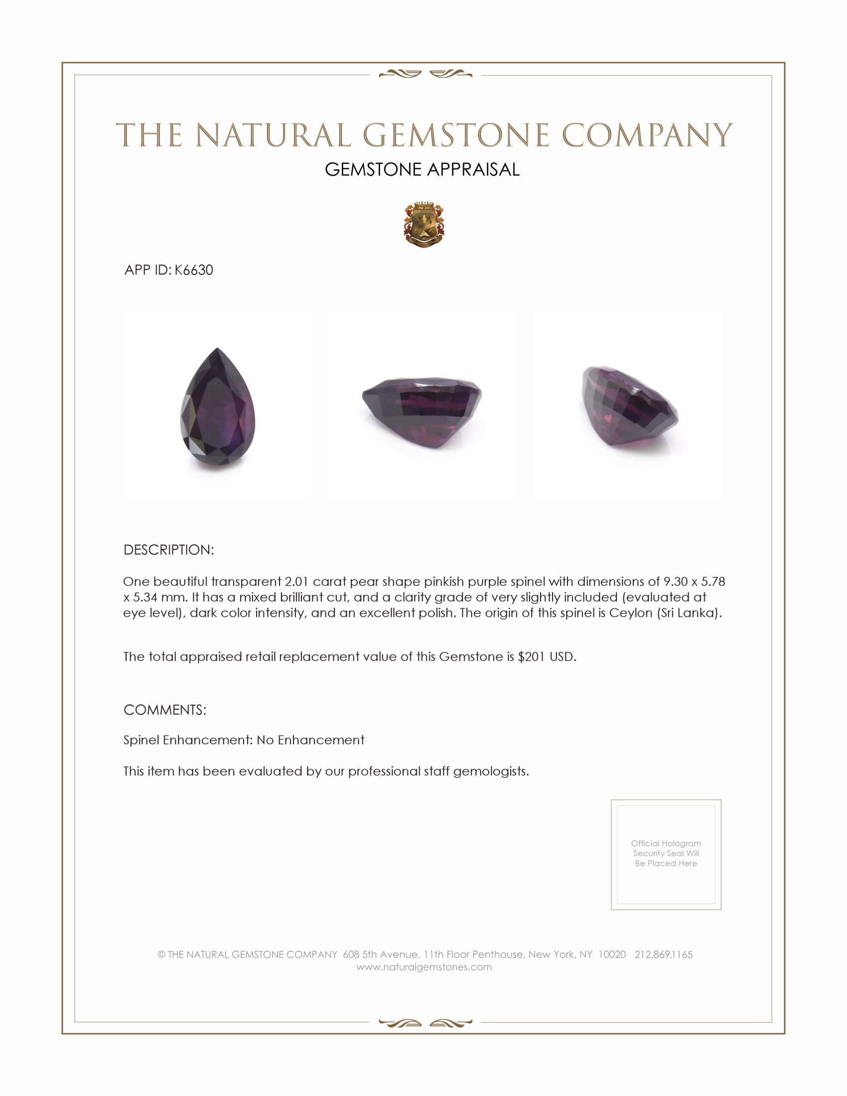 2.01 Ct. Purple Spinel from Ceylon (Sri Lanka)