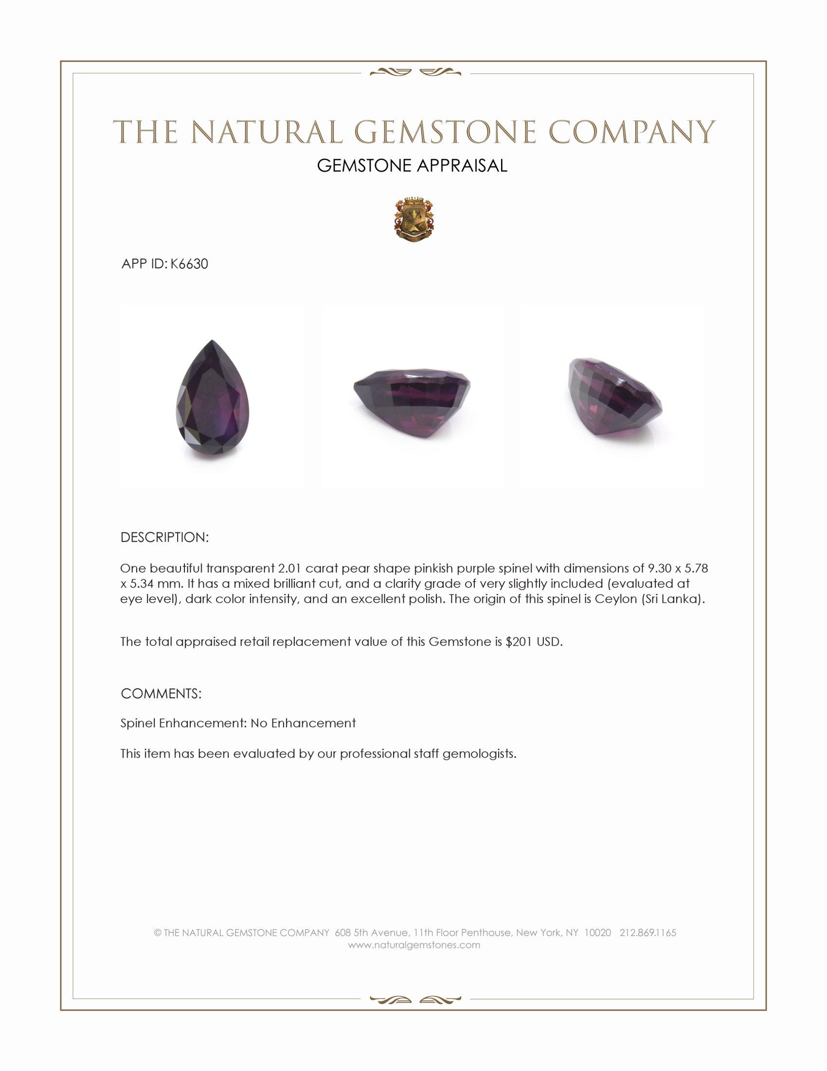 2.01 Ct. Spinel from Ceylon (Sri Lanka)