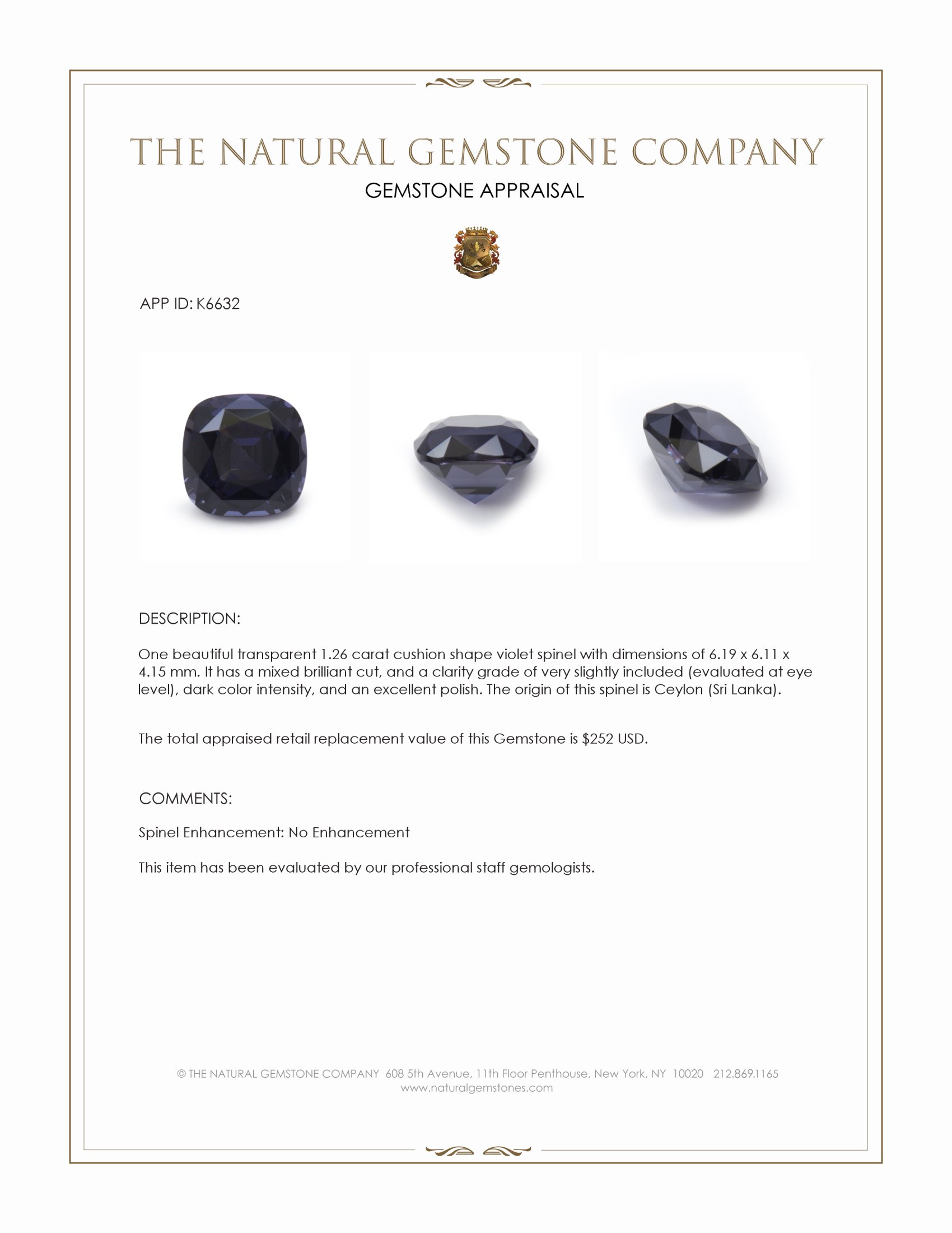 1.26 Ct. Violet Spinel from Ceylon (Sri Lanka)