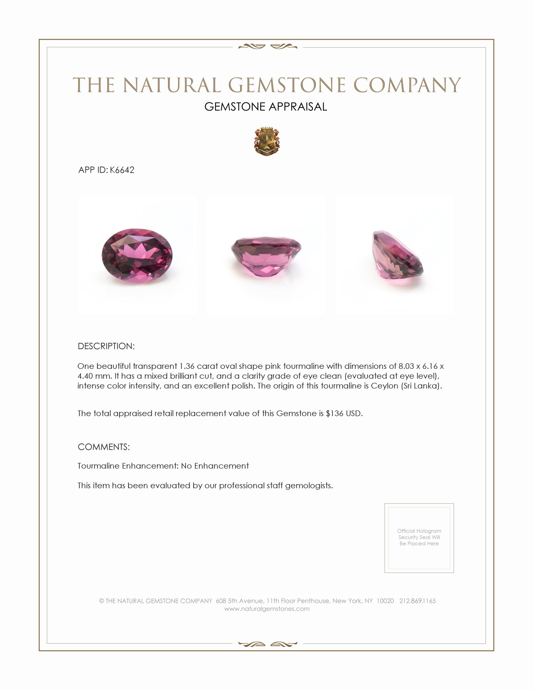 1.36 Ct. Tourmaline from Ceylon (Sri Lanka)