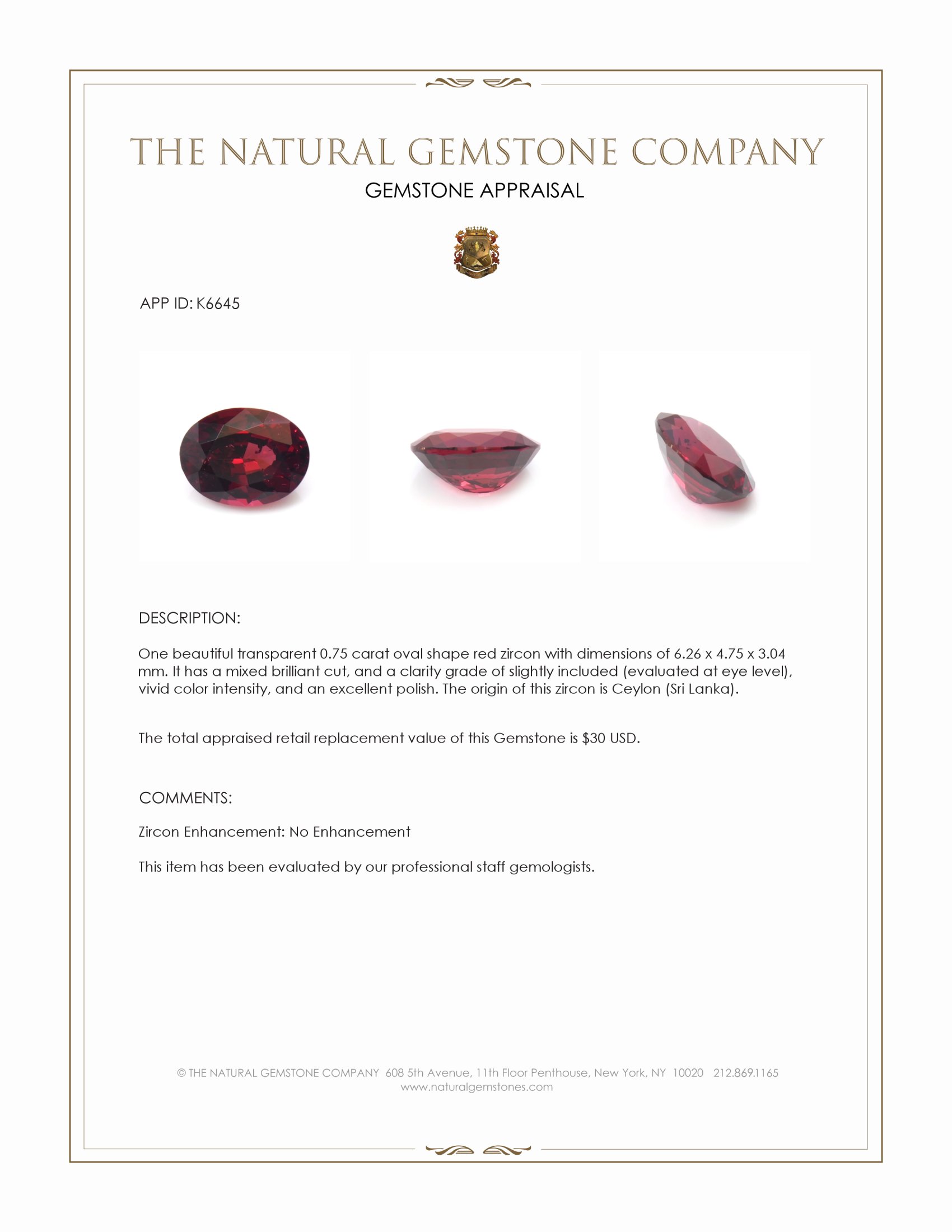 0.75 Ct. Red Zircon from Ceylon (Sri Lanka)