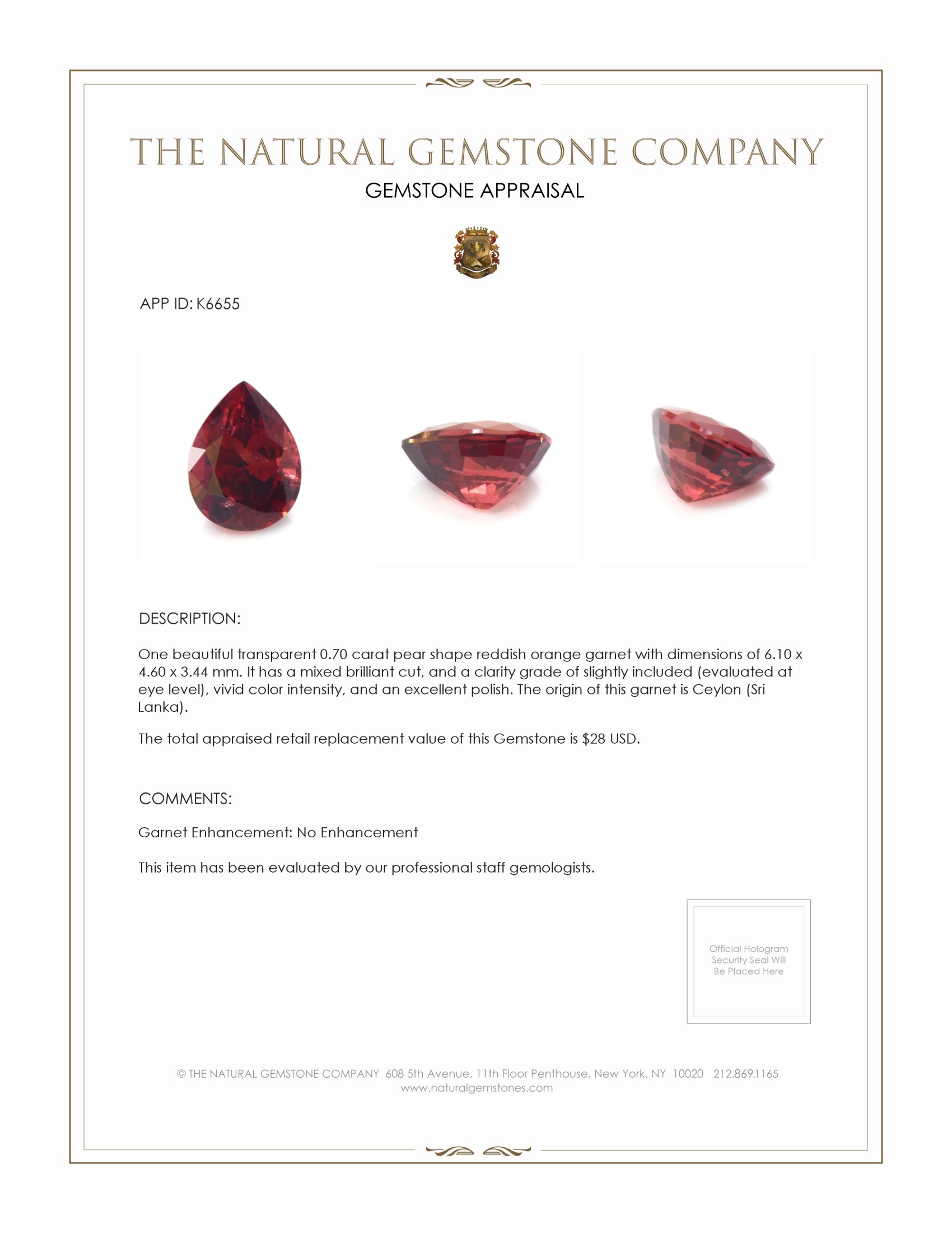 0.70 Ct. Garnet from Ceylon (Sri Lanka)