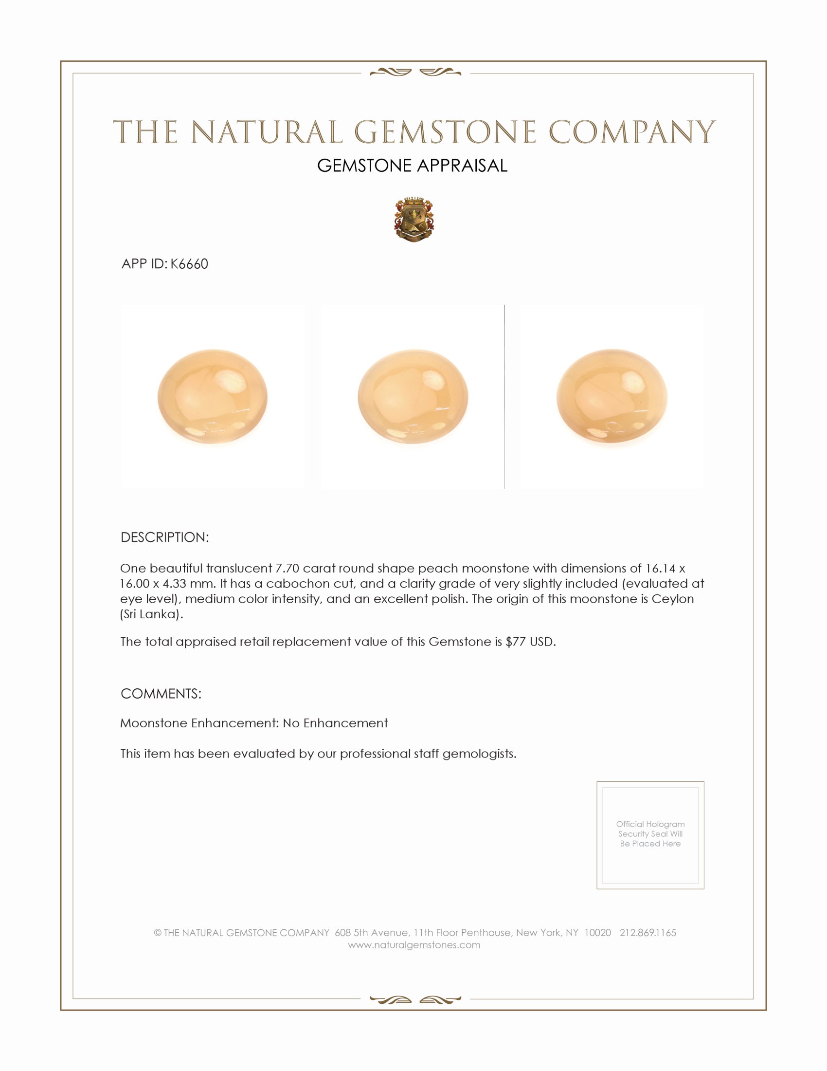 7.70 Ct. Cabochon Moonstone from Ceylon (Sri Lanka)