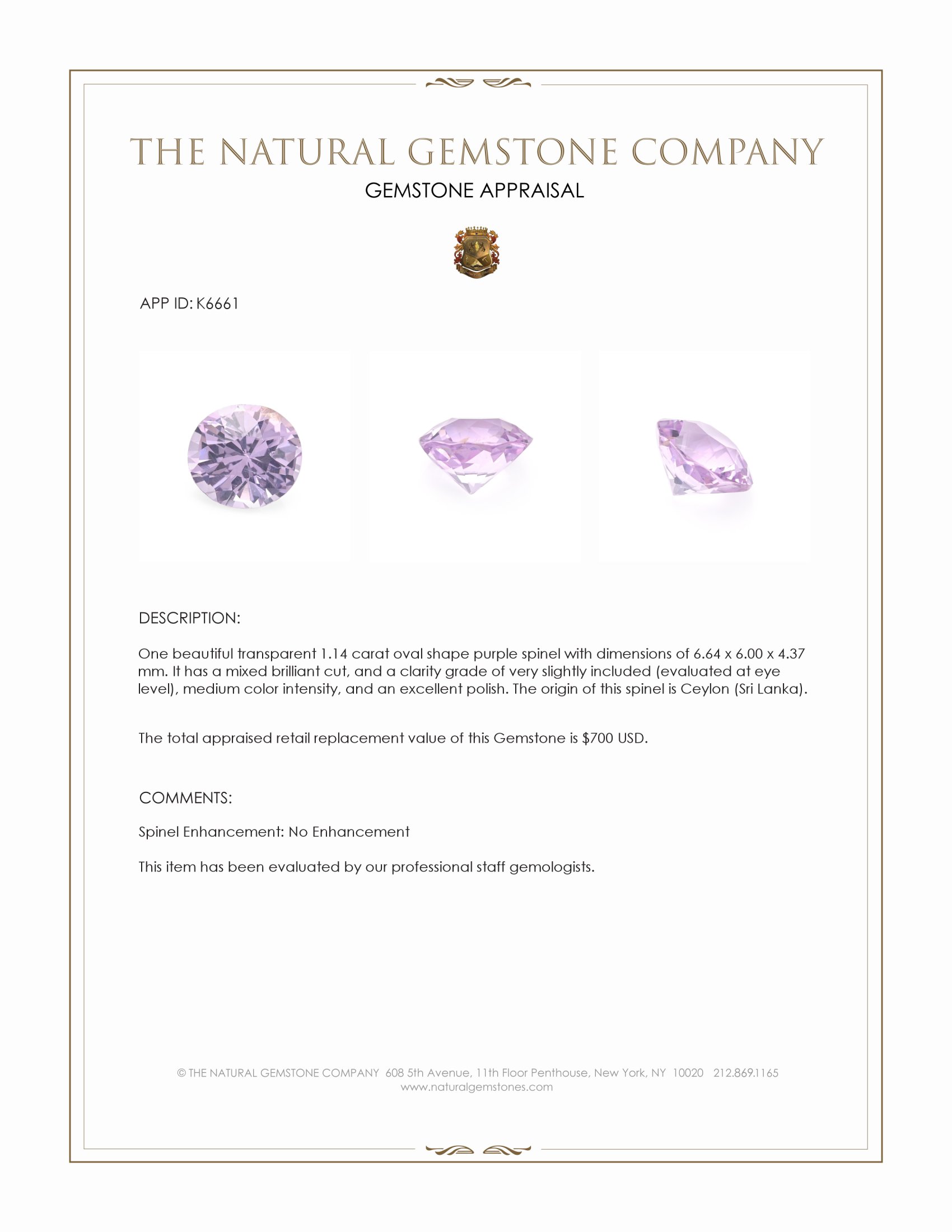 1.14 Ct. Purple Spinel from Ceylon (Sri Lanka)