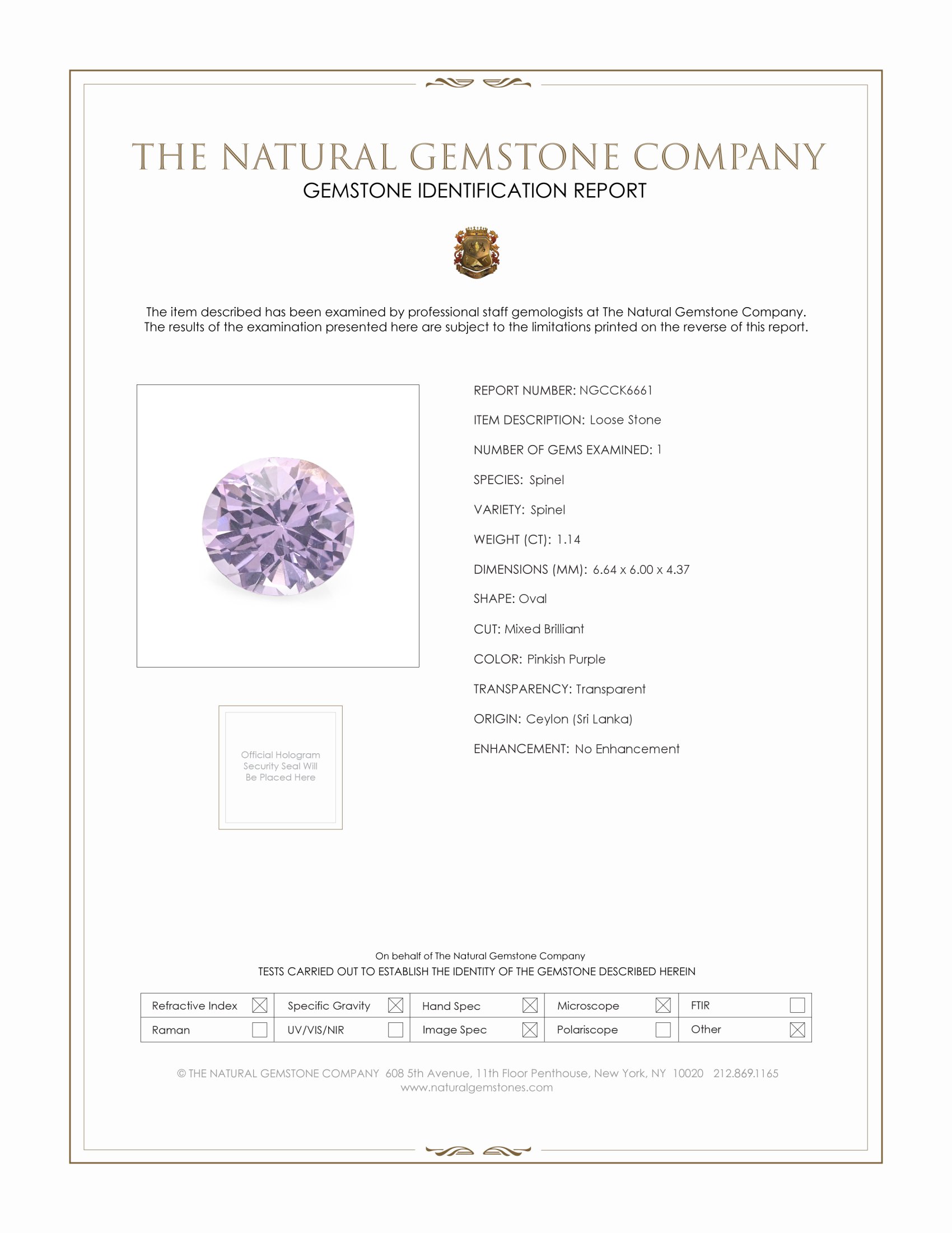 1.14 Ct. Purple Spinel from Ceylon (Sri Lanka)