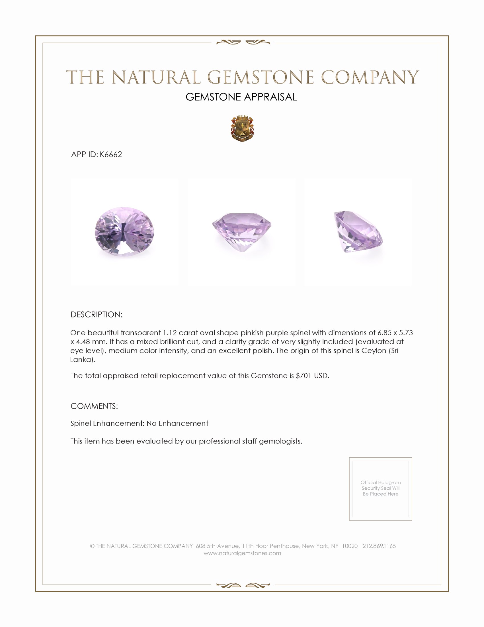 1.12 Ct. Spinel from Ceylon (Sri Lanka)