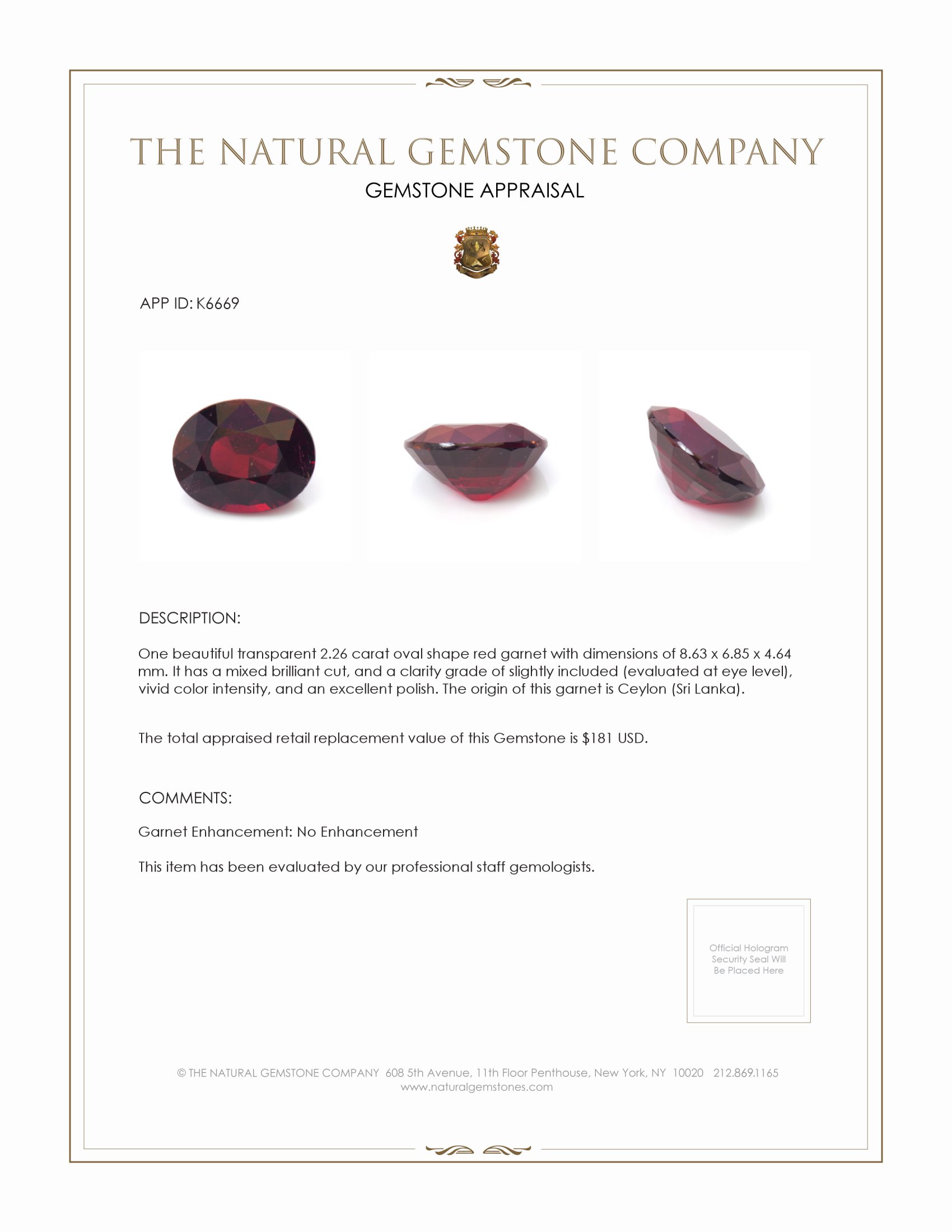 2.26 Ct. Red Garnet from Ceylon (Sri Lanka)