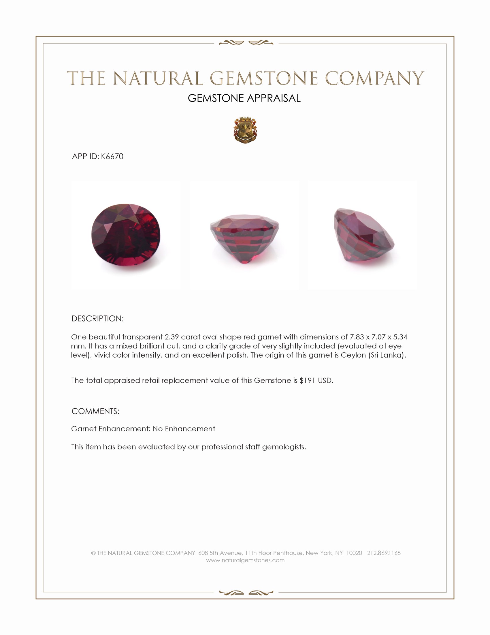 2.39 Ct. Garnet from Ceylon (Sri Lanka)