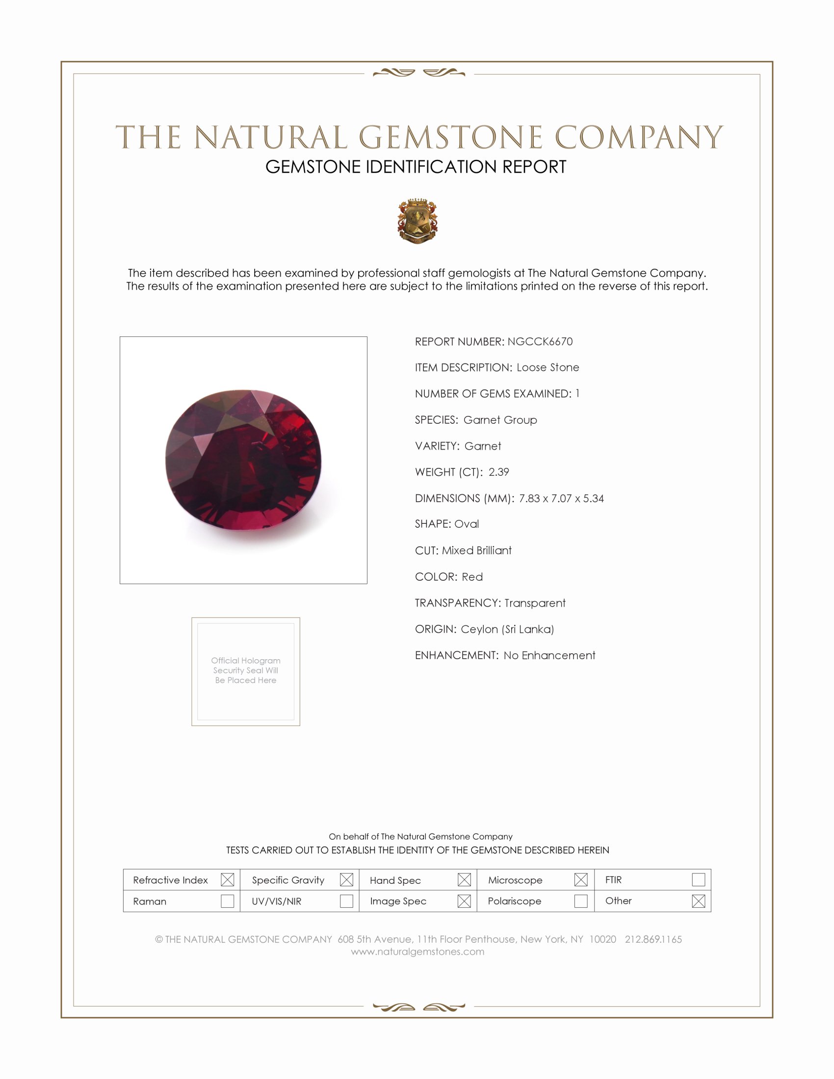 2.39 Ct. Red Garnet from Ceylon (Sri Lanka)