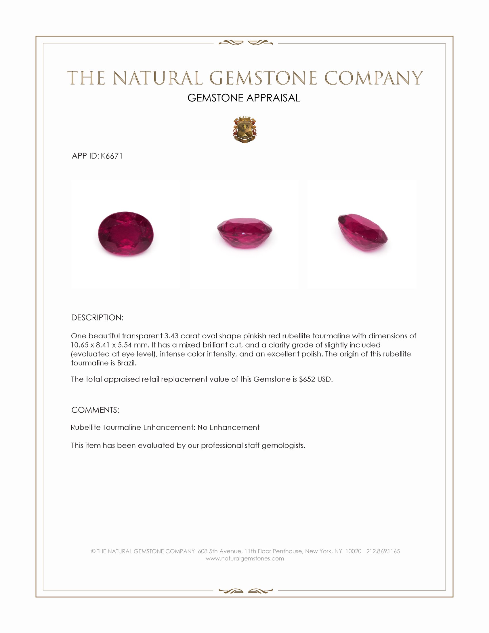 3.43 Ct. Pinkish Red Rubellite Tourmaline from Brazil