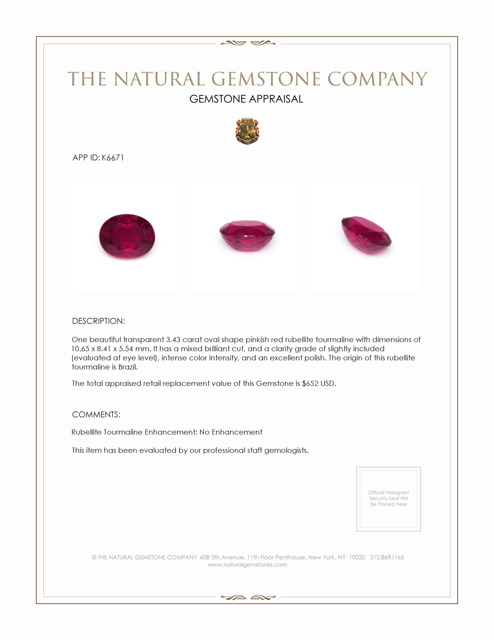 3.43 Ct. Rubellite Tourmaline from Brazil
