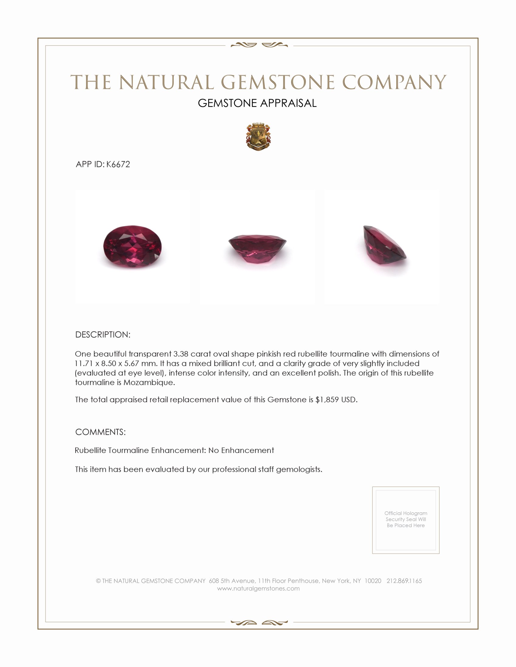 3.38 Ct. Rubellite Tourmaline from Mozambique