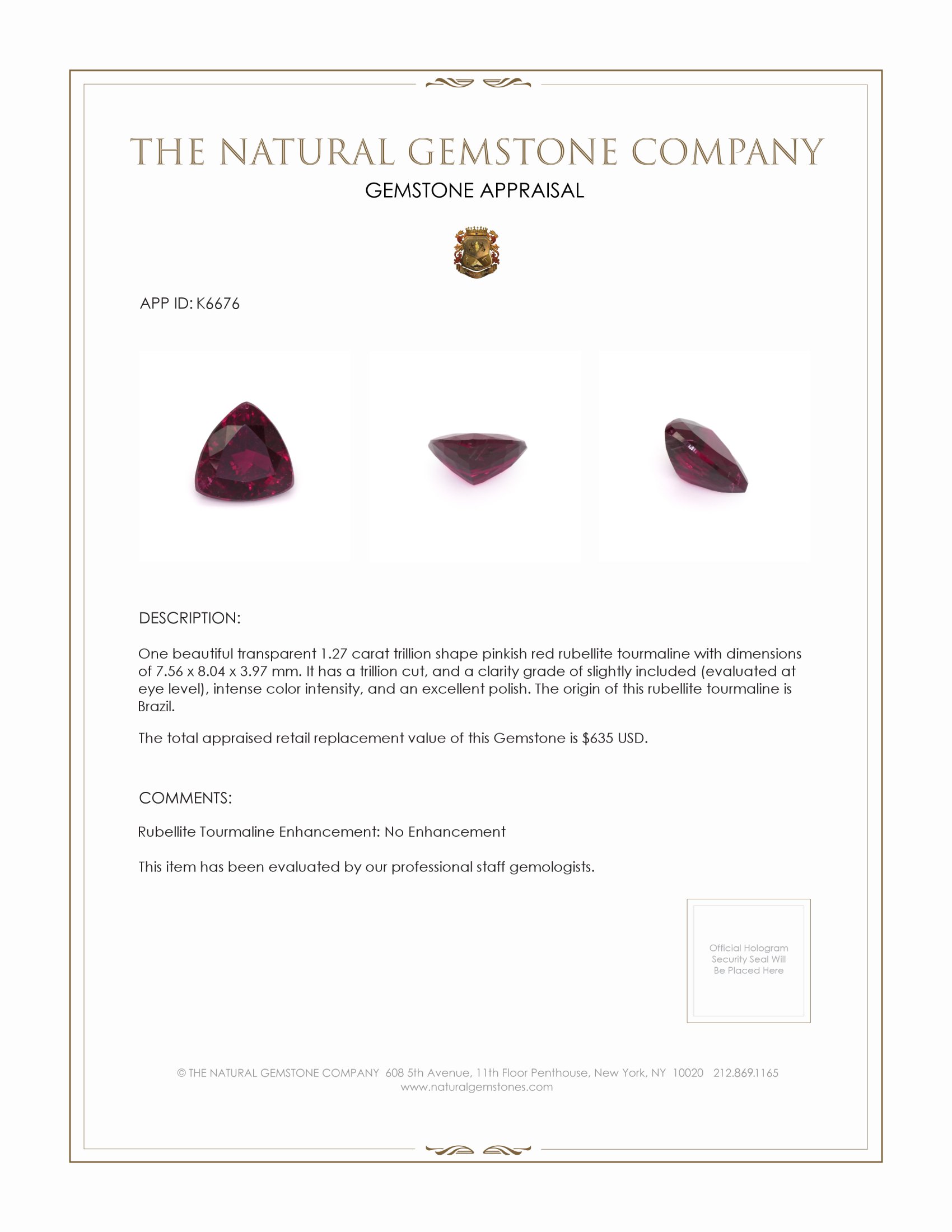1.27 Ct. Rubellite Tourmaline from Brazil