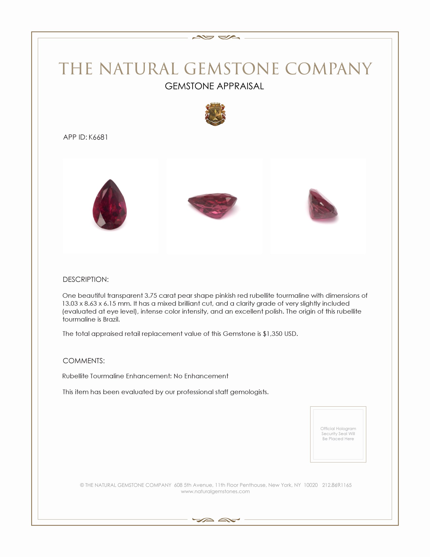 3.75 Ct. Rubellite Tourmaline from Brazil