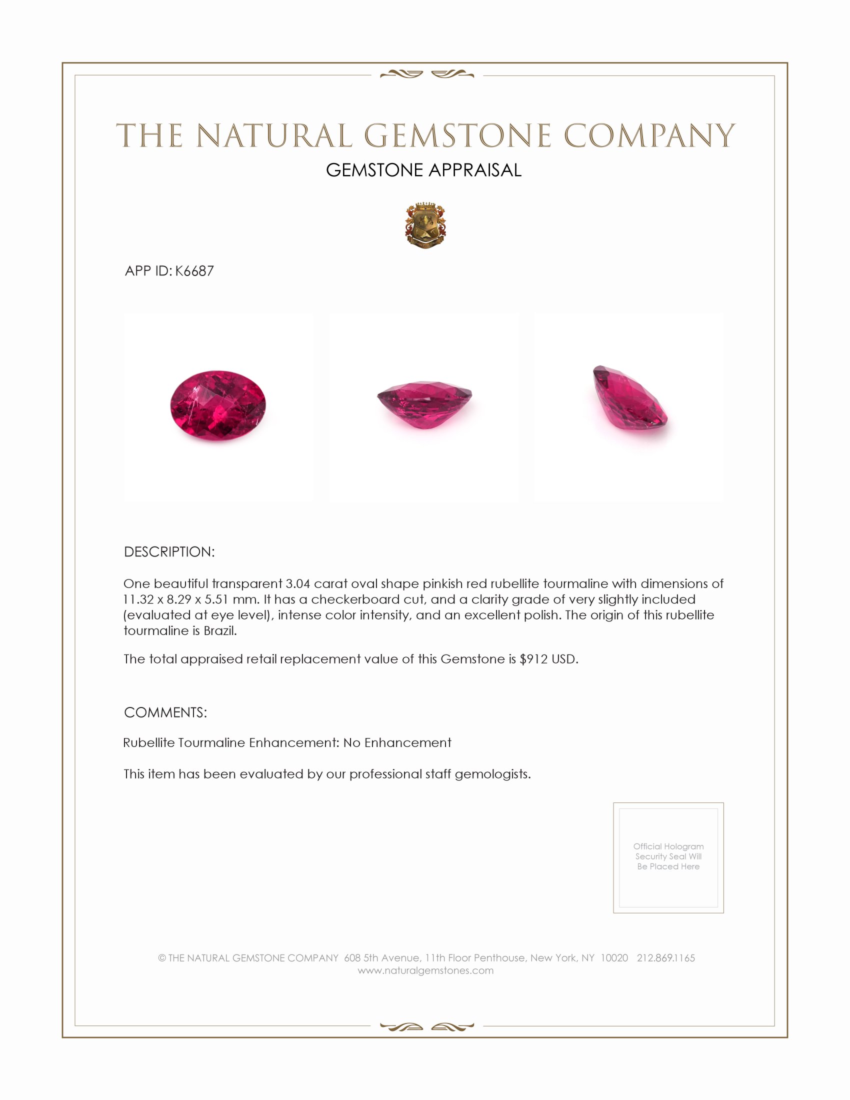 3.04 Ct. Rubellite Tourmaline from Brazil