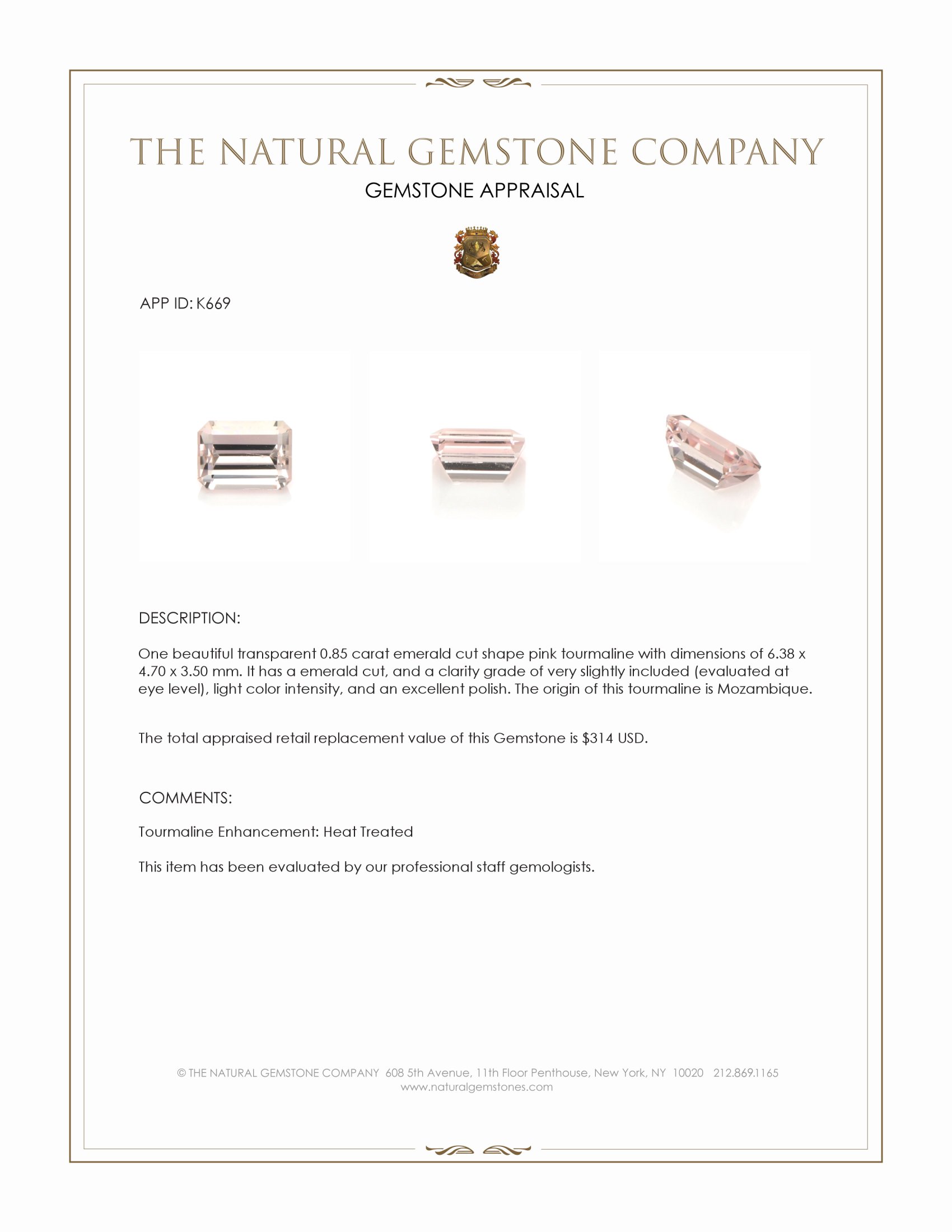 0.85 Ct. Pink Tourmaline from Mozambique