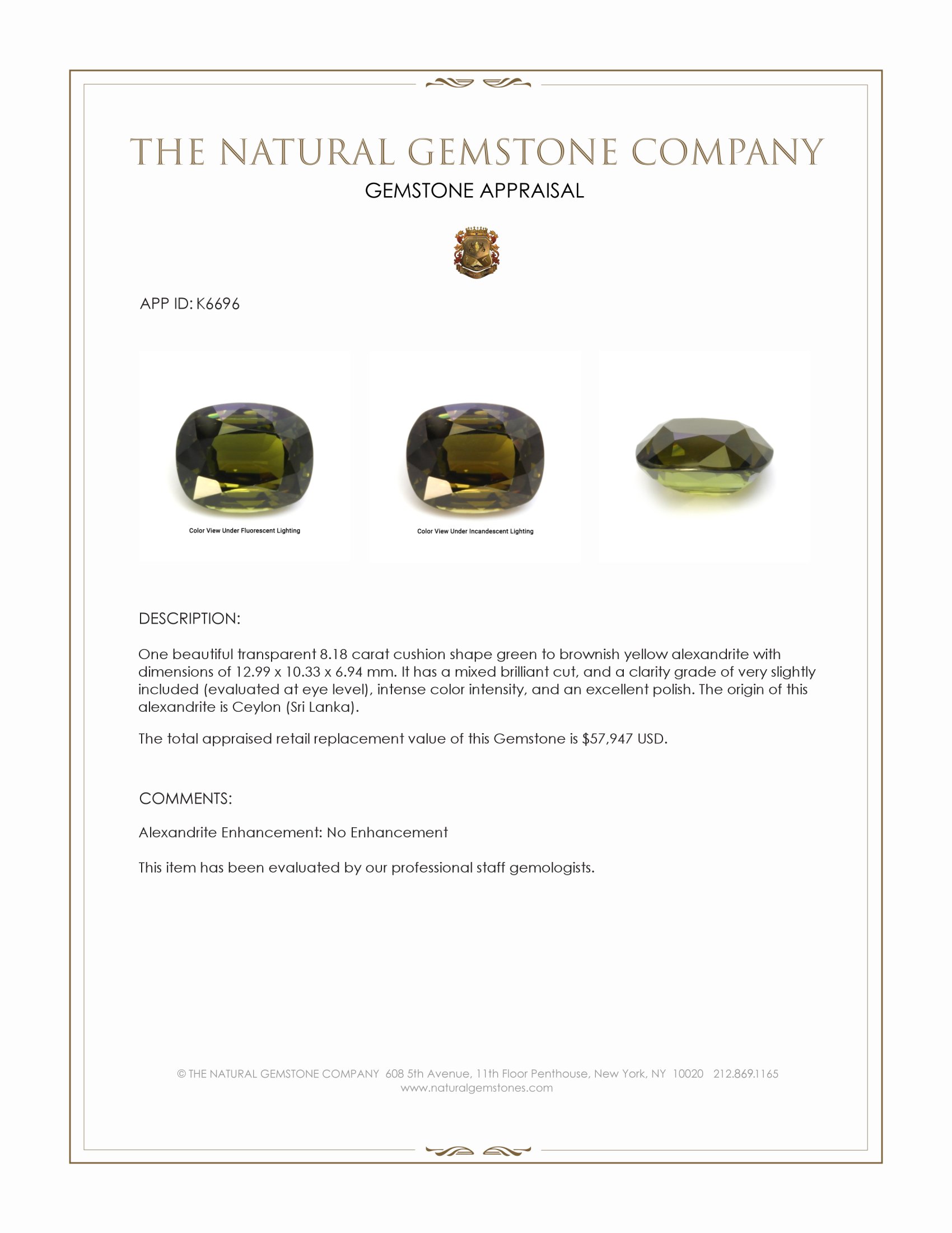 8.18 Ct. Alexandrite from Ceylon (Sri Lanka)