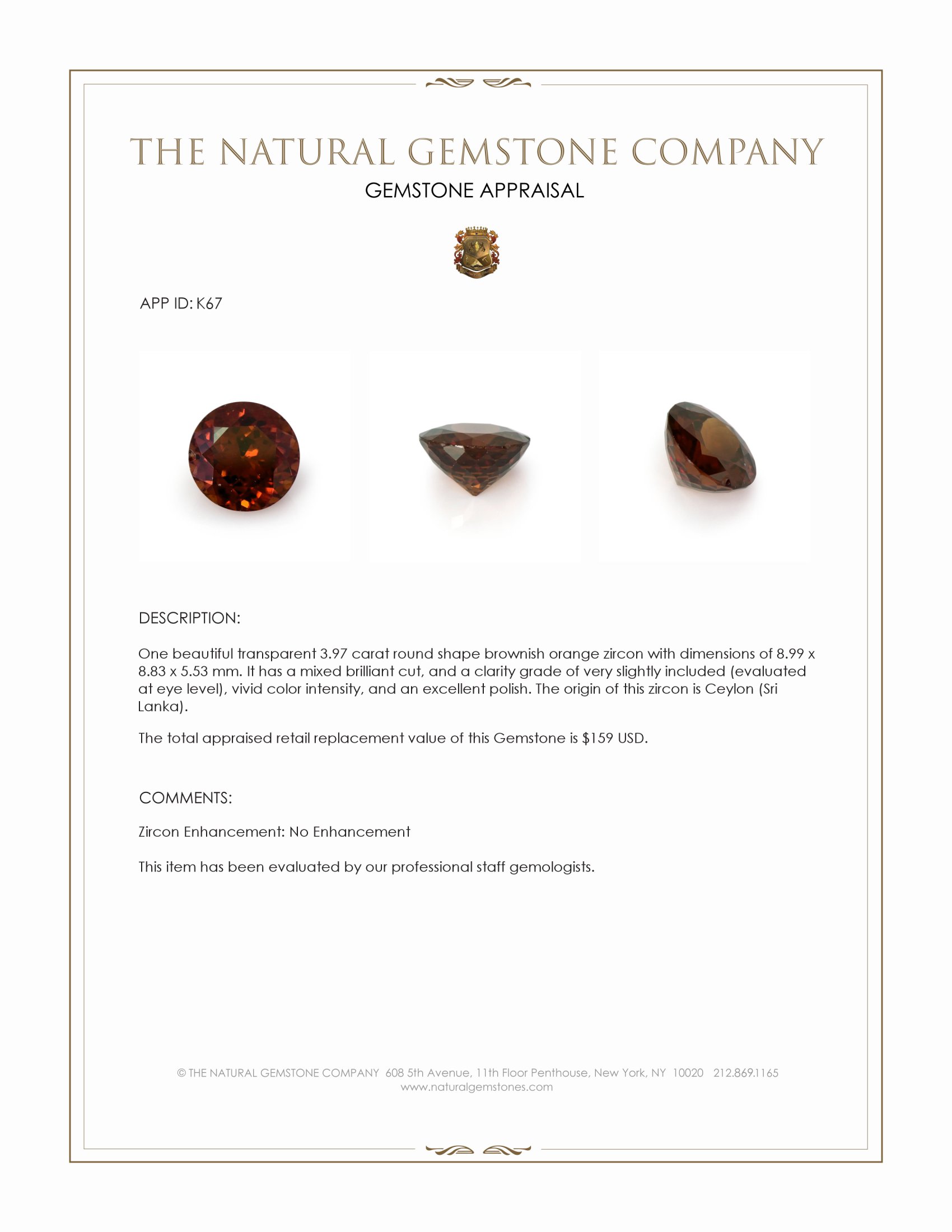 3.97 Ct. Brownish Orange Zircon from Ceylon (Sri Lanka)