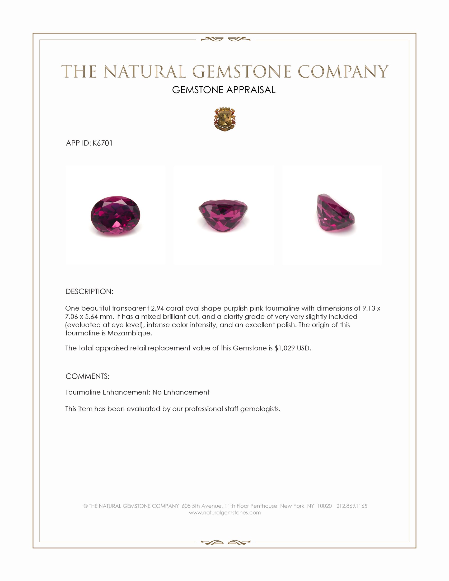 2.94 Ct. Purplish Pink Tourmaline from Mozambique