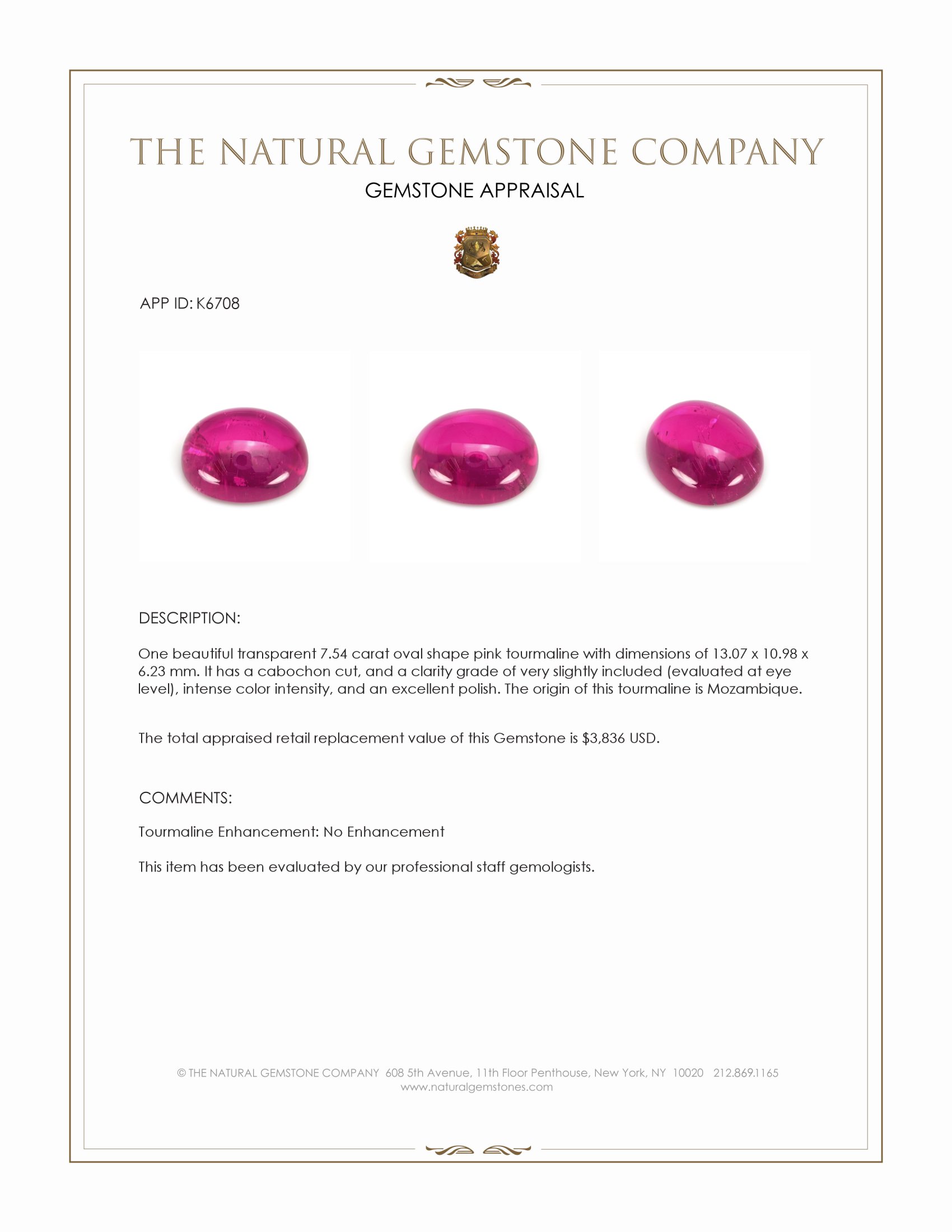 7.54 Ct. Pink Cabochon Tourmaline from Mozambique