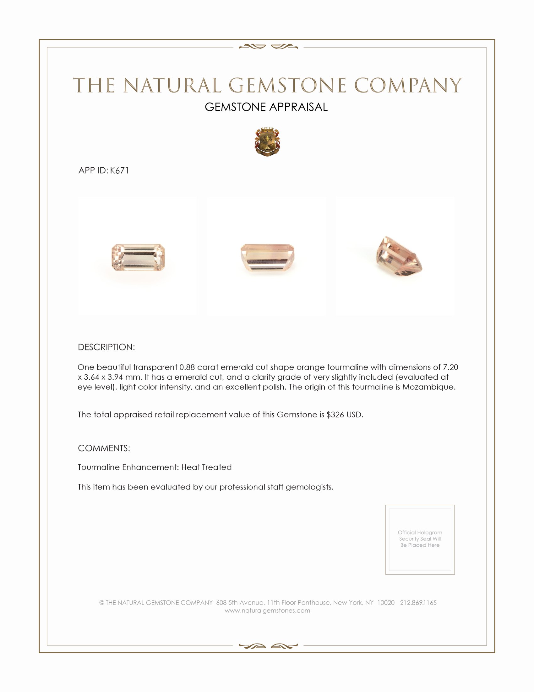 0.88 Ct. Orange Tourmaline from Mozambique