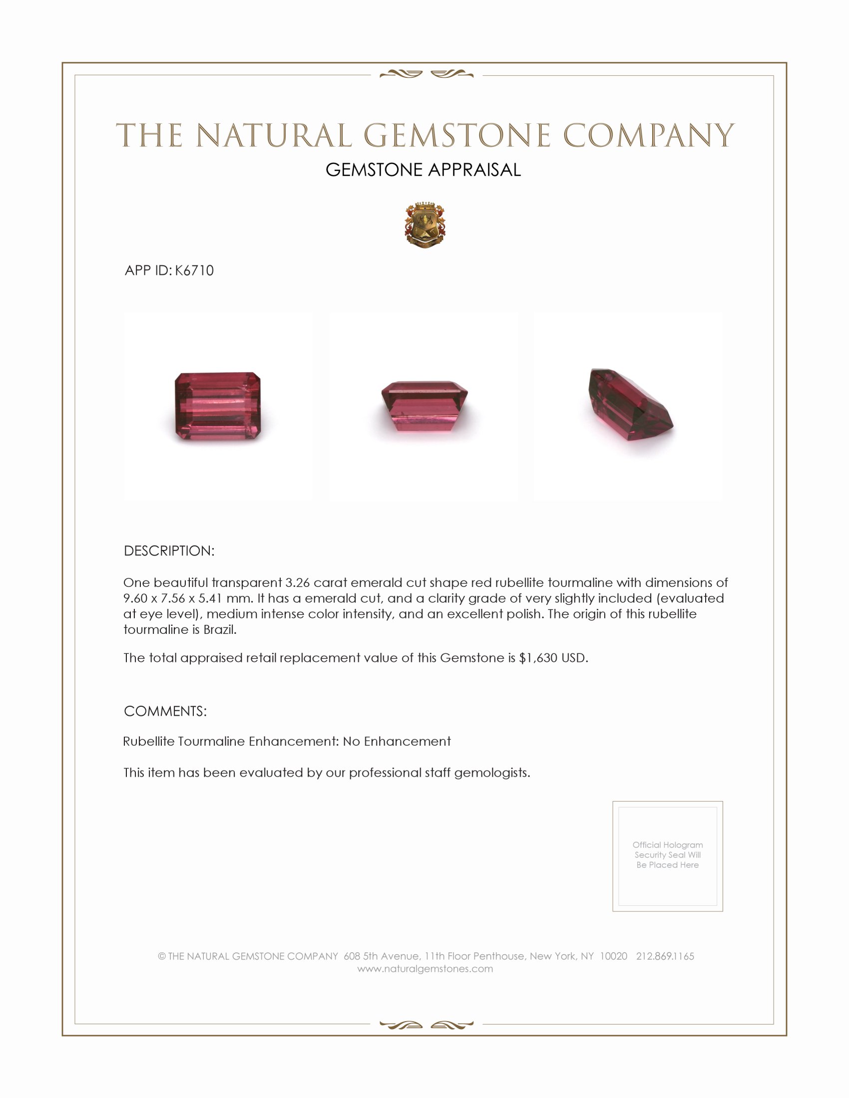 3.26 Ct. Rubellite Tourmaline from Brazil