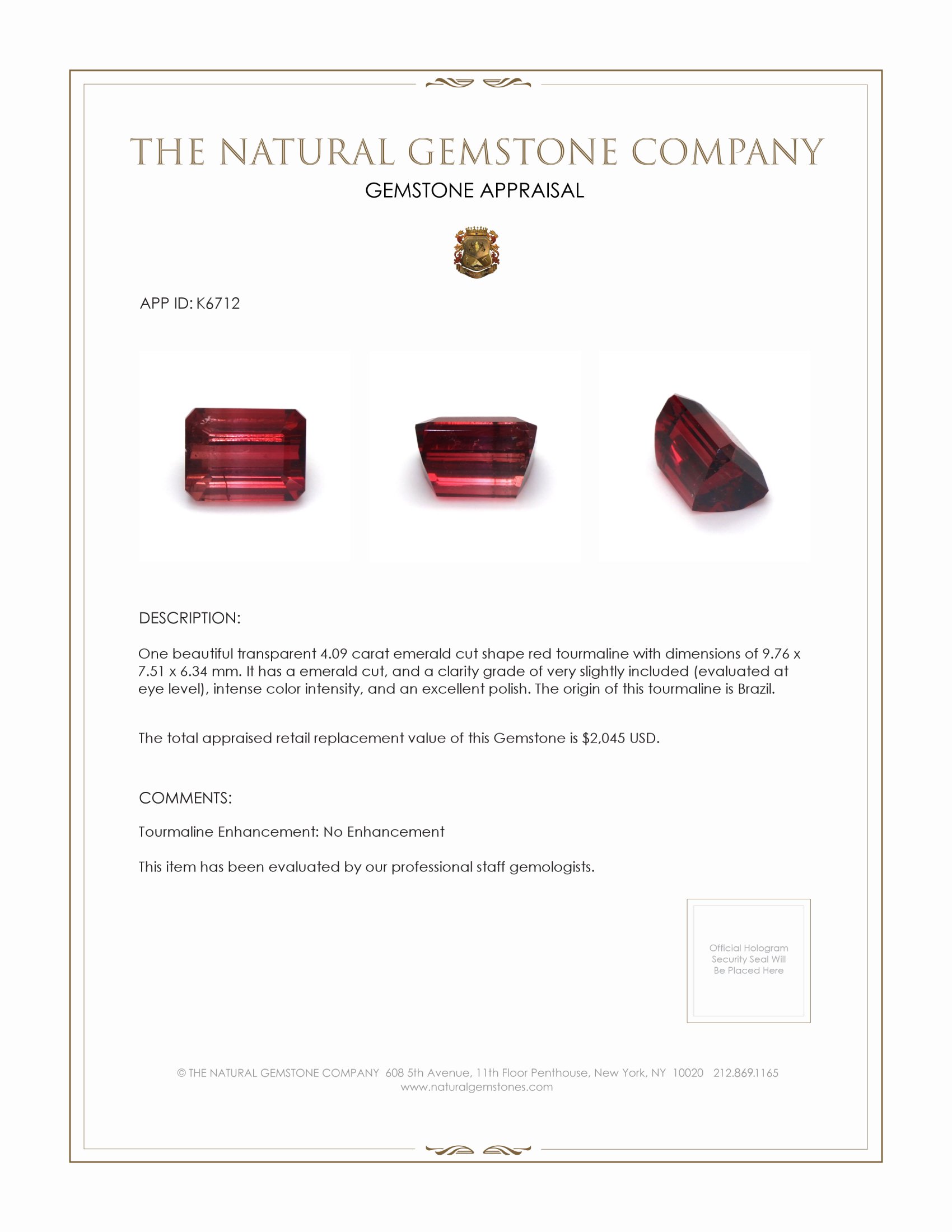 4.09 Ct. Red Rubellite Tourmaline from Mozambique