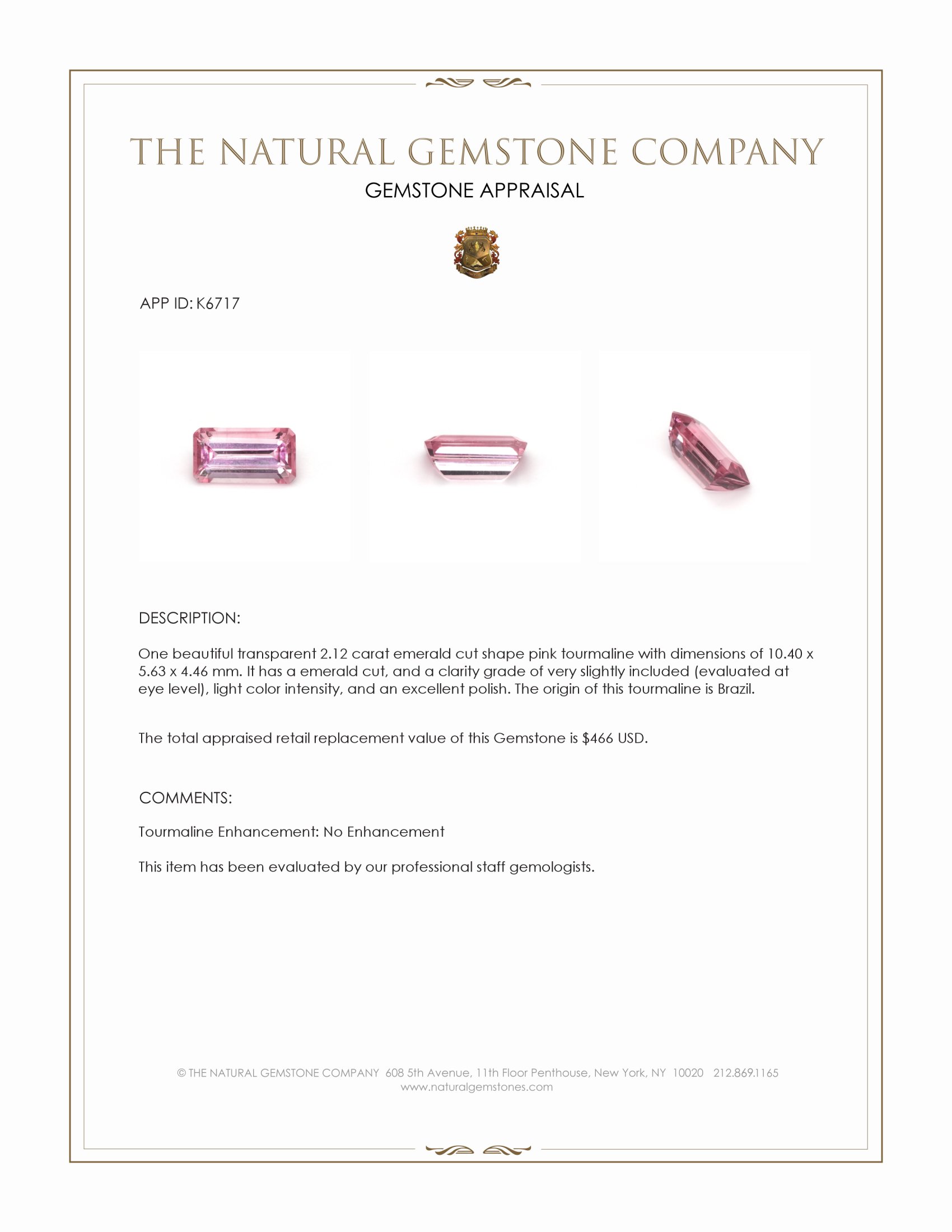 2.12 Ct. Pink Tourmaline from Brazil