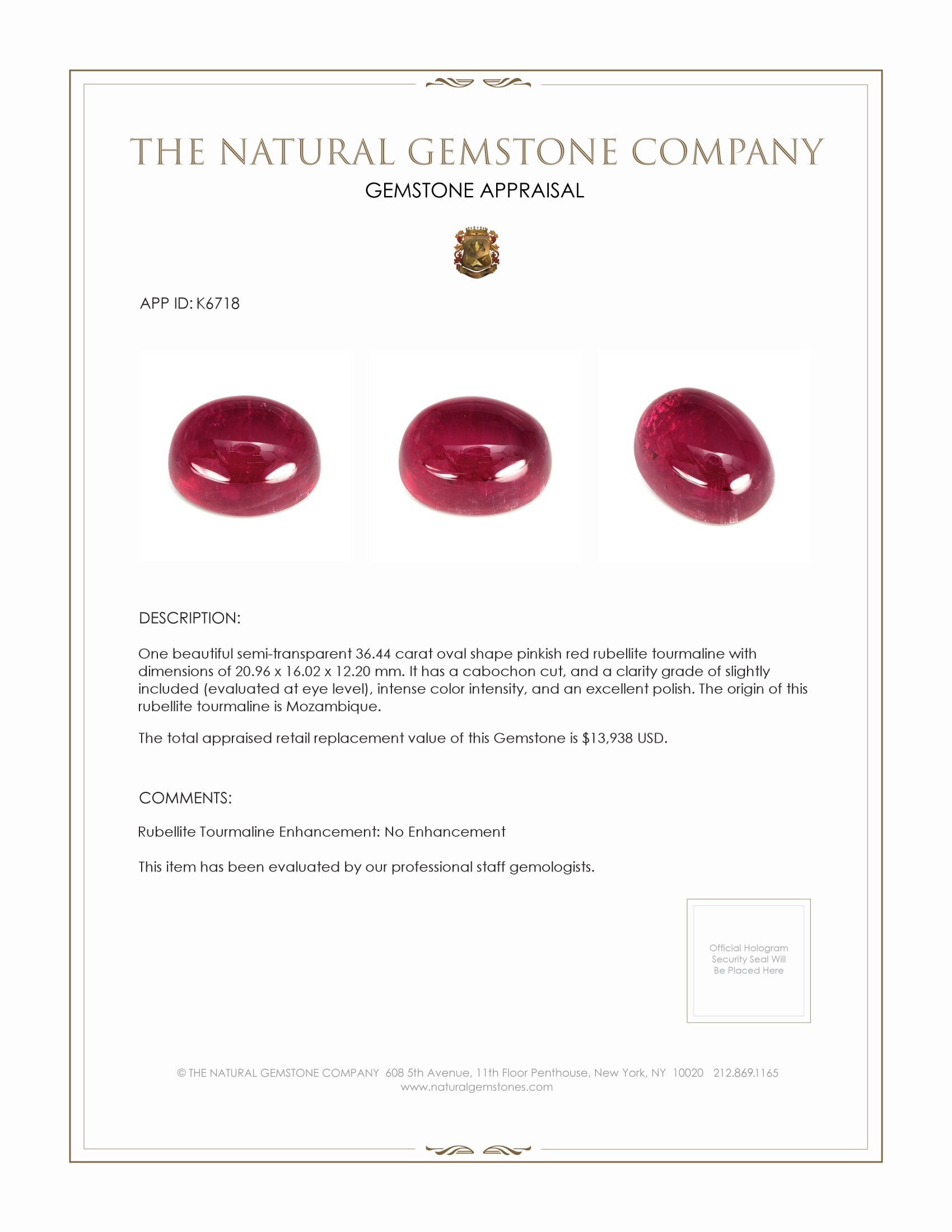 36.44 Ct. Cabochon Rubellite Tourmaline from Mozambique