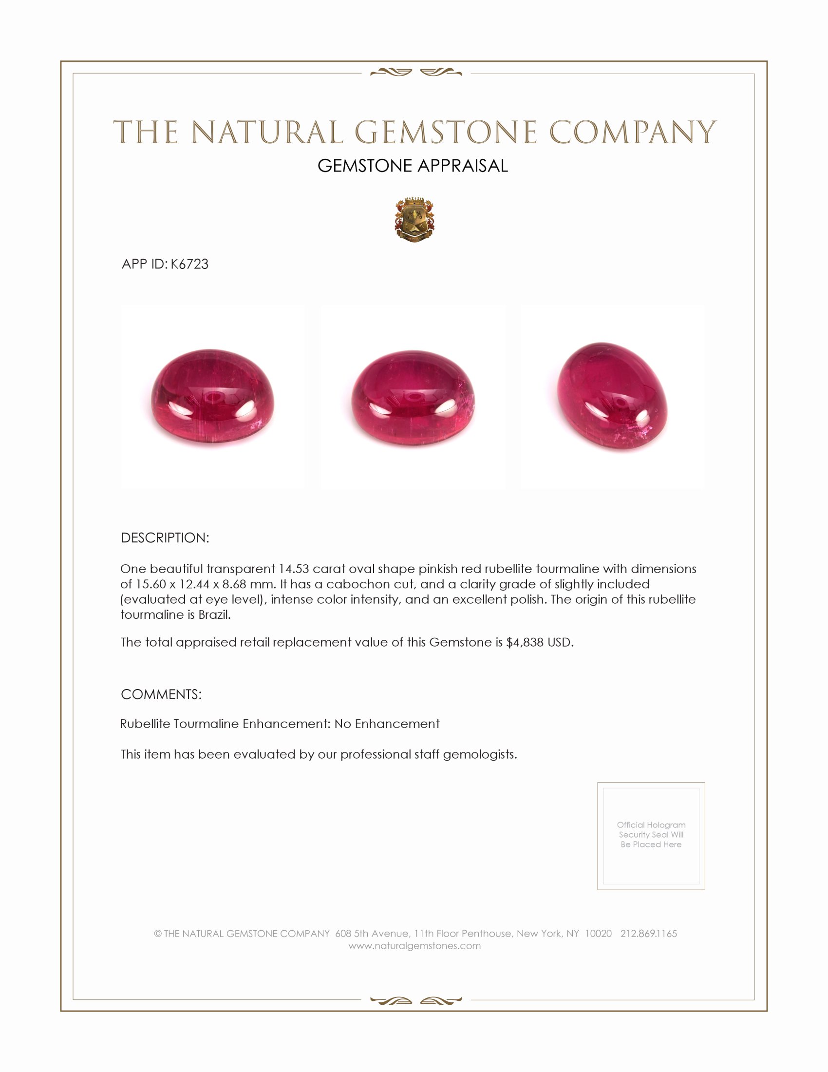 14.53 Ct. Cabochon Rubellite Tourmaline from Brazil