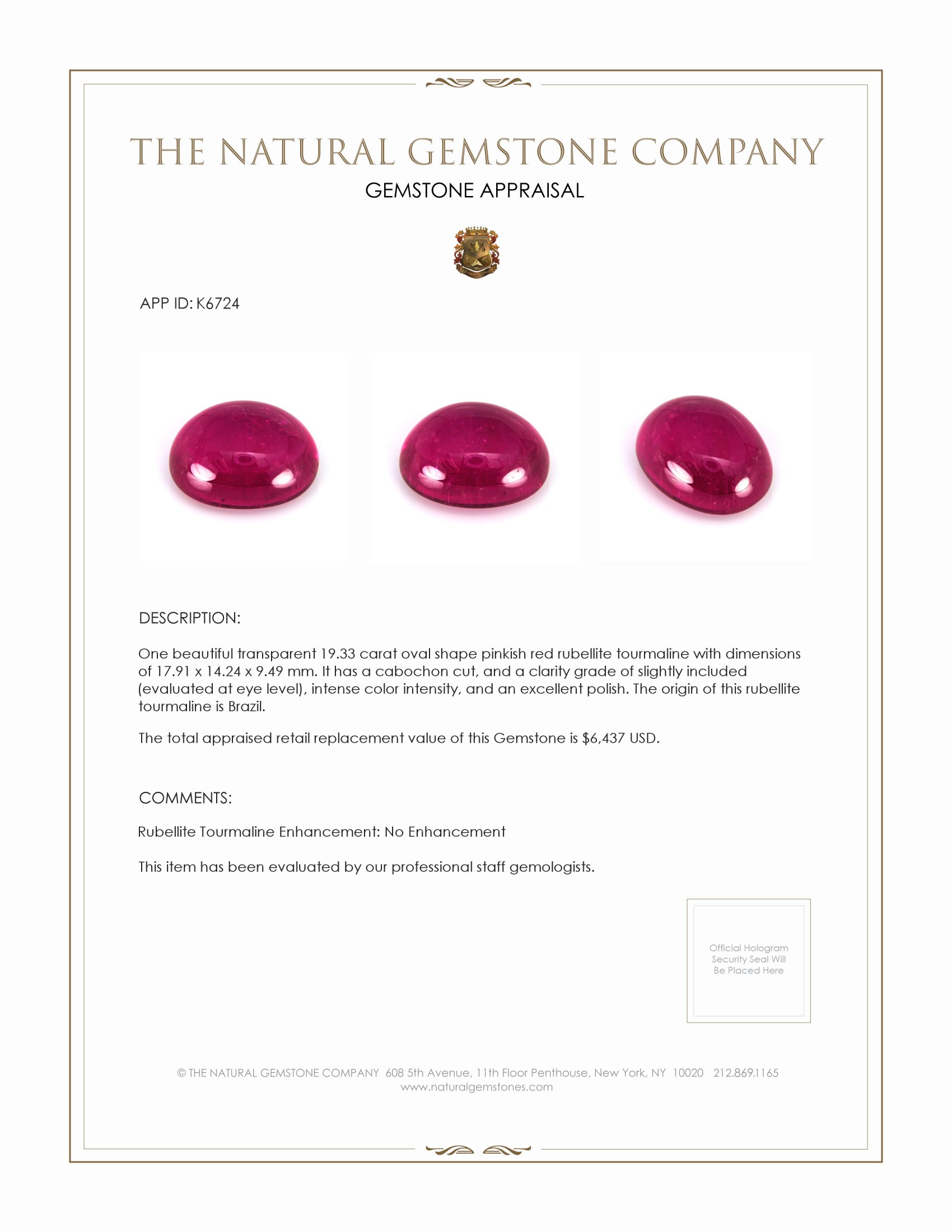 19.33 Ct. Cabochon Rubellite Tourmaline from Brazil