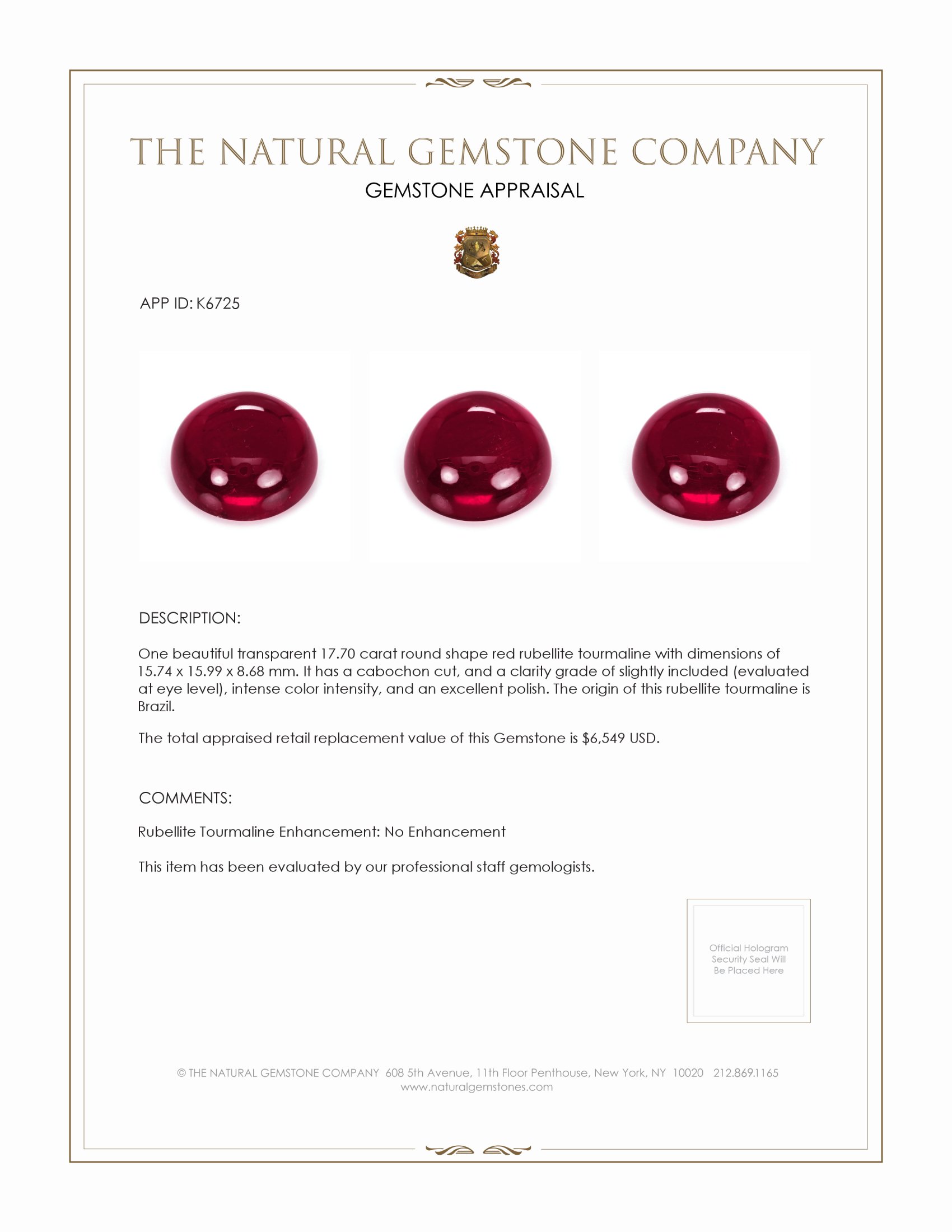 17.70 Ct. Cabochon Rubellite Tourmaline from Brazil