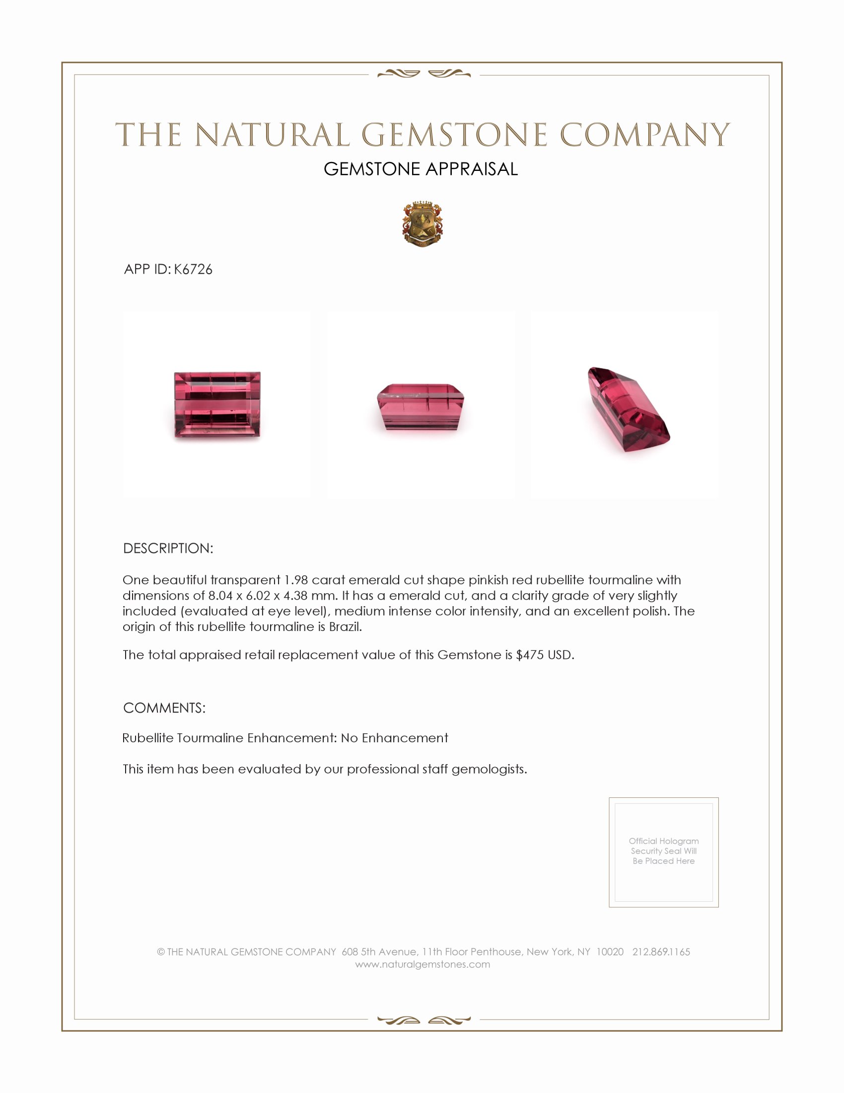 1.98 Ct. Purplish Pink Tourmaline from Brazil