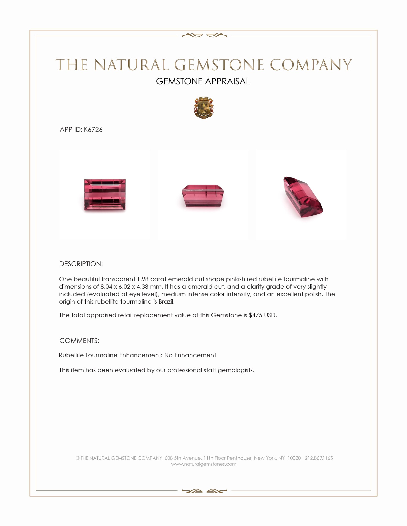 1.98 Ct. Rubellite Tourmaline from Brazil