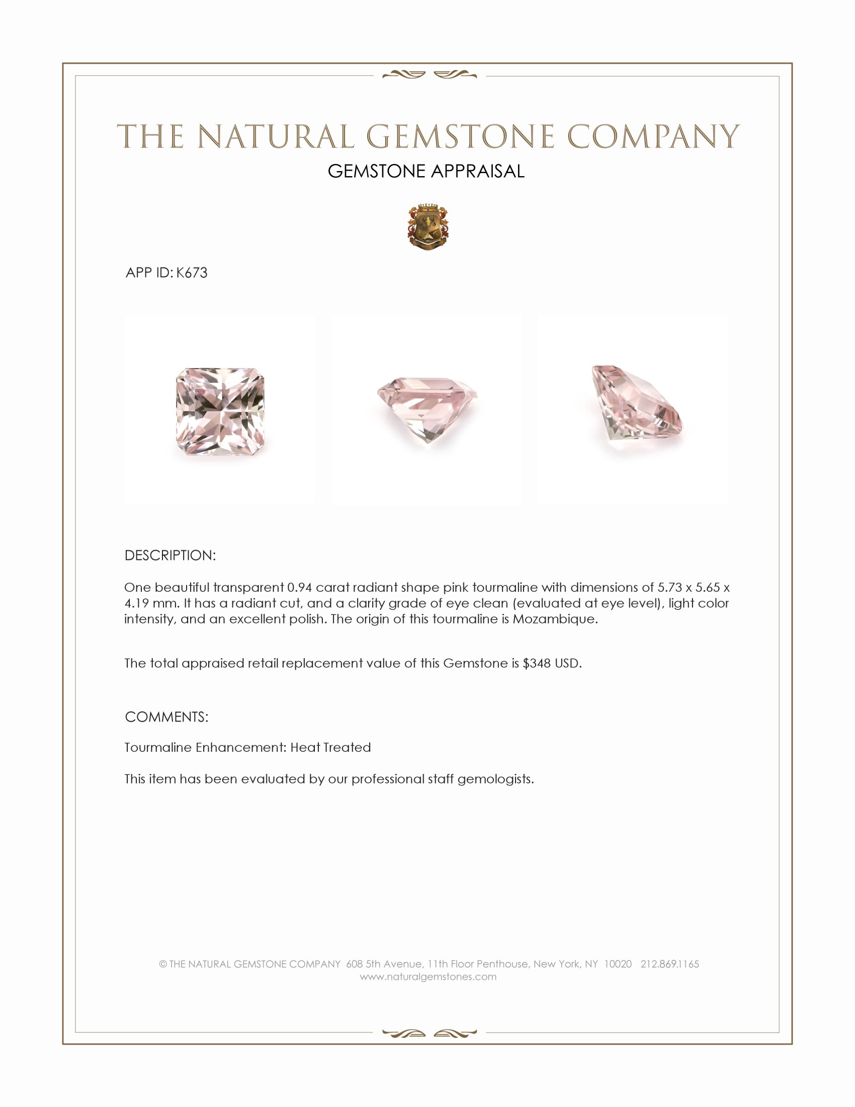 0.94 Ct. Pink Tourmaline from Mozambique