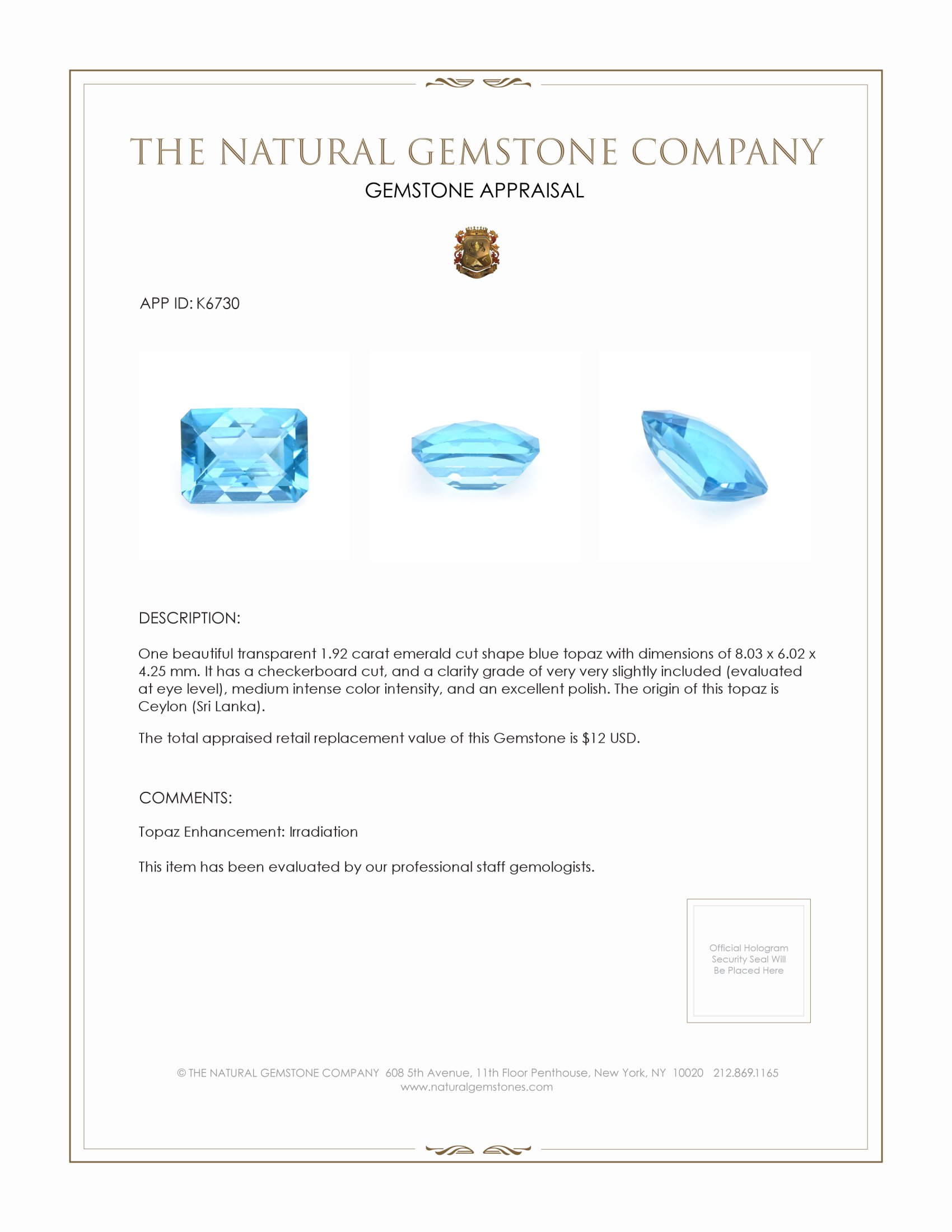 1.92 Ct. Topaz from Ceylon (Sri Lanka)