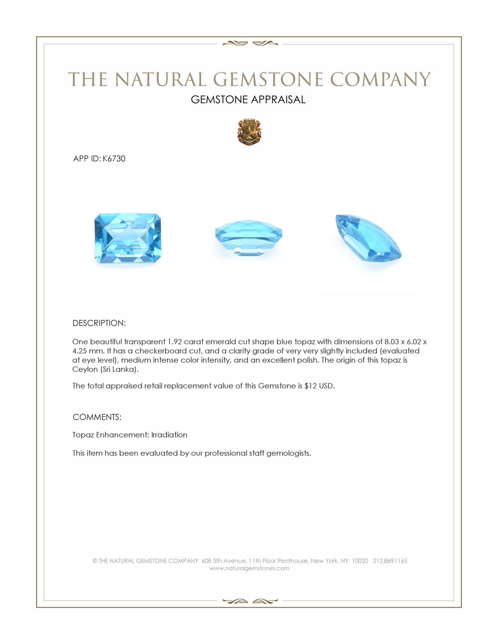 1.92 Ct. Topaz from Ceylon (Sri Lanka)