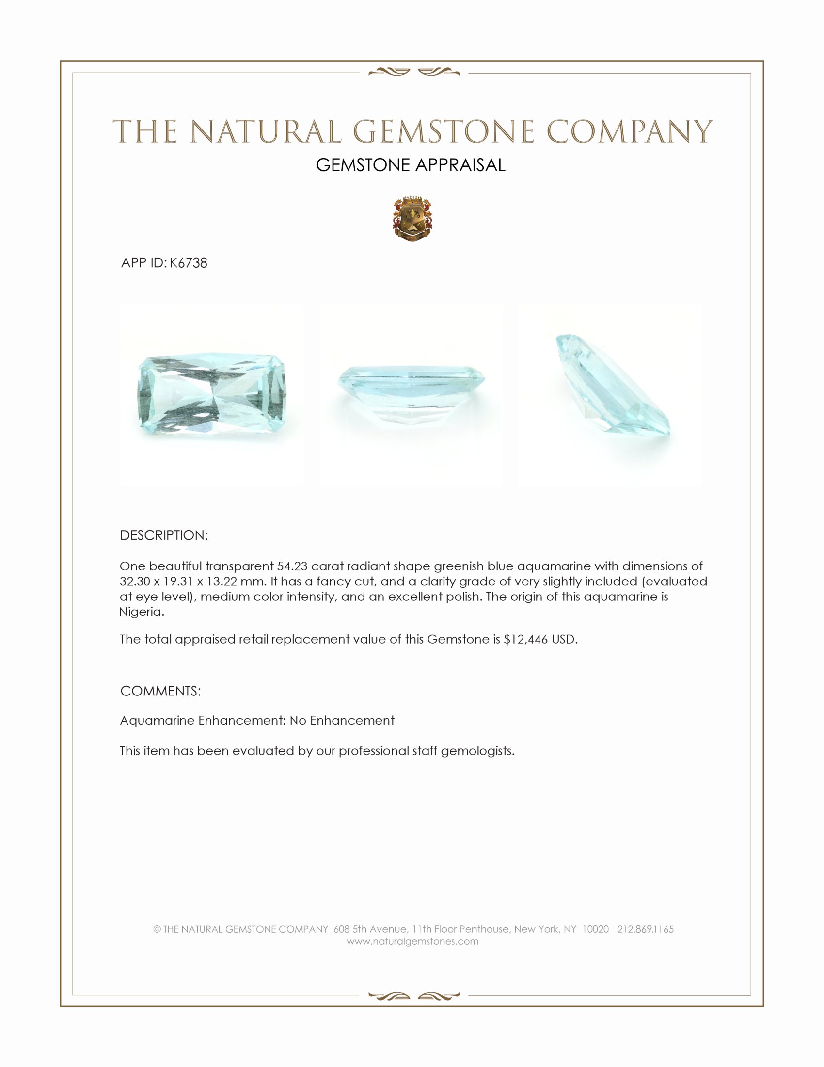 54.23 Ct. Greenish Blue Aquamarine from Nigeria