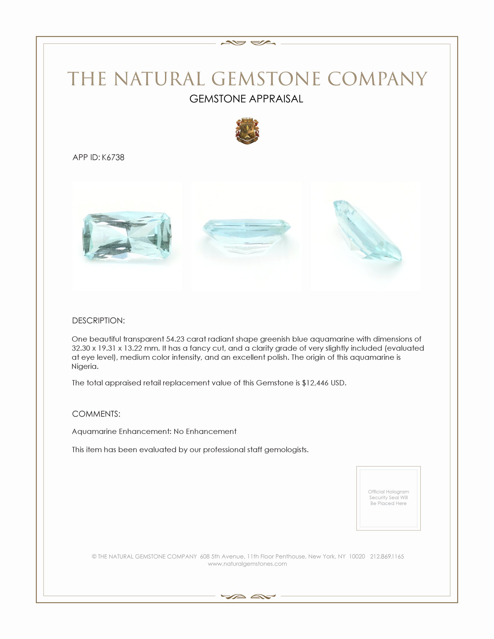 54.23 Ct. Aquamarine from Nigeria