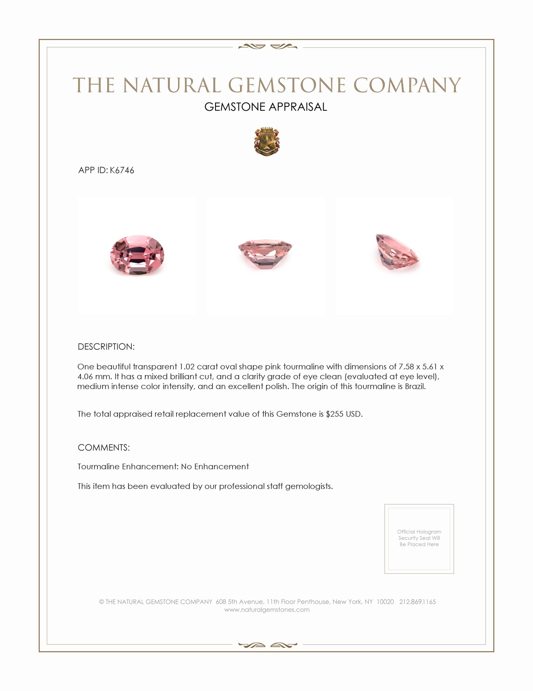 1.02 Ct. Tourmaline from Brazil