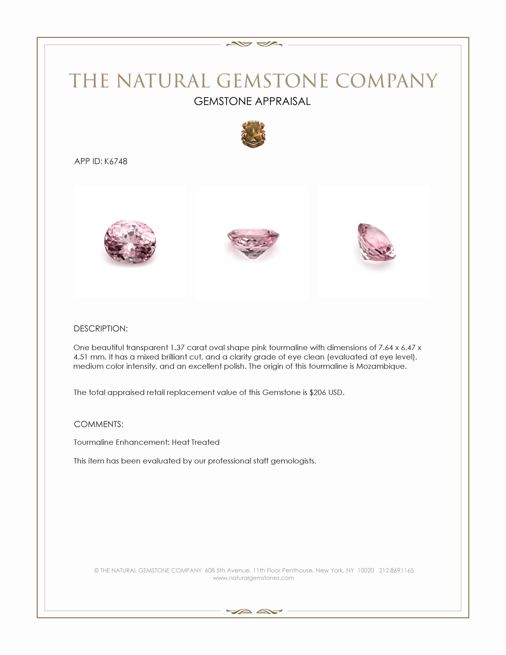 1.37 Ct. Pink Tourmaline from Mozambique